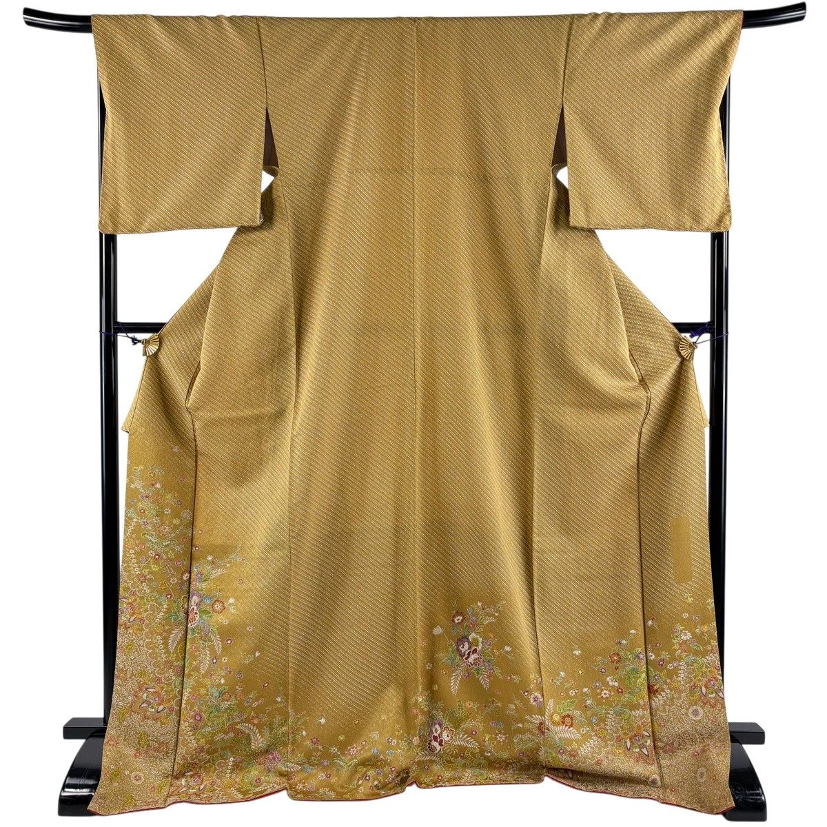 【美品】 付下げ 身丈174.5cm 裄丈69.5cm L 袷 斜縞 草花 金銀糸 山吹茶色 正絹 秀品 【中古】