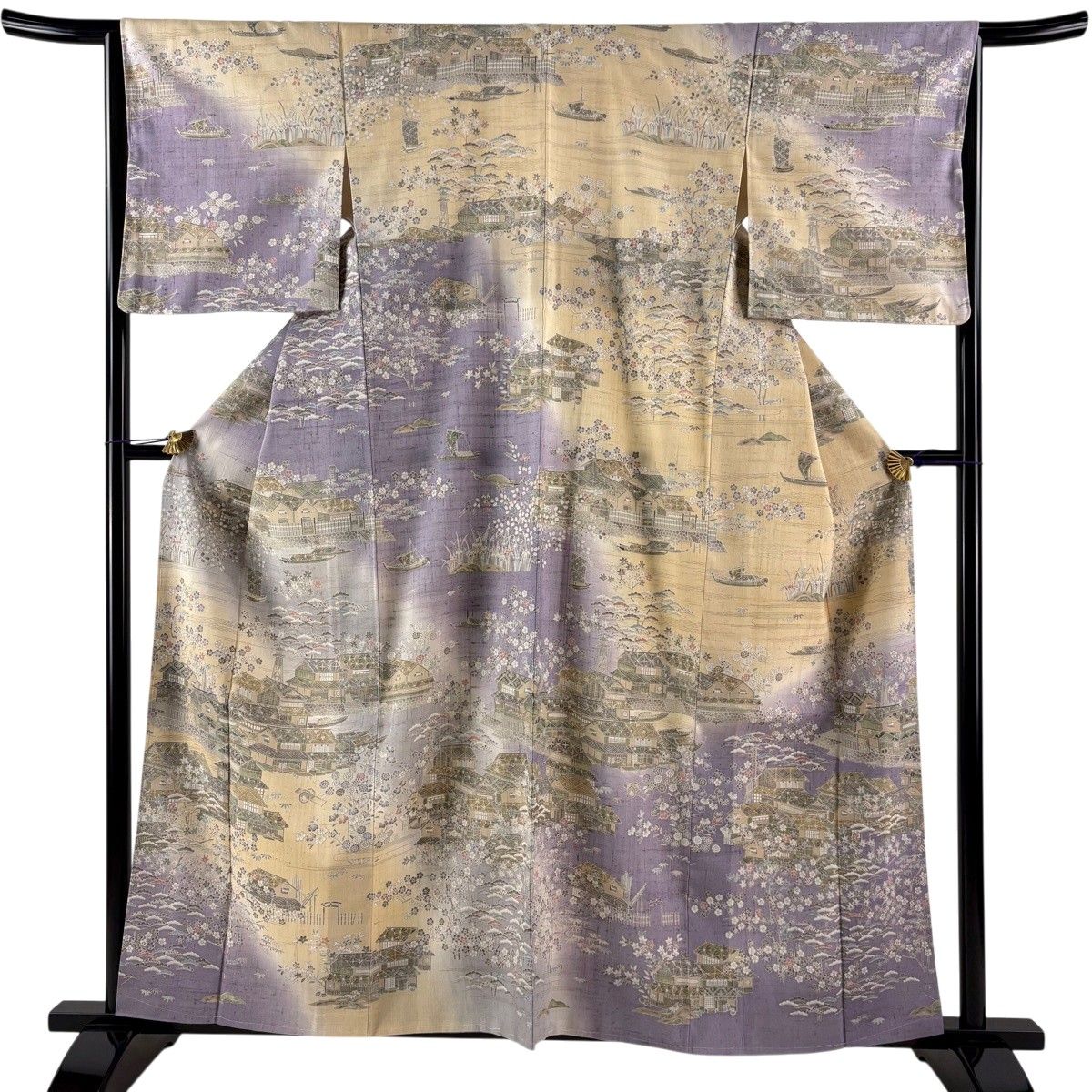 【美品】 訪問着 身丈159cm 裄丈64.5cm M 袷 紬地 建物 草花 染め分け ぼかし 薄紫 正絹 秀品 【中古】