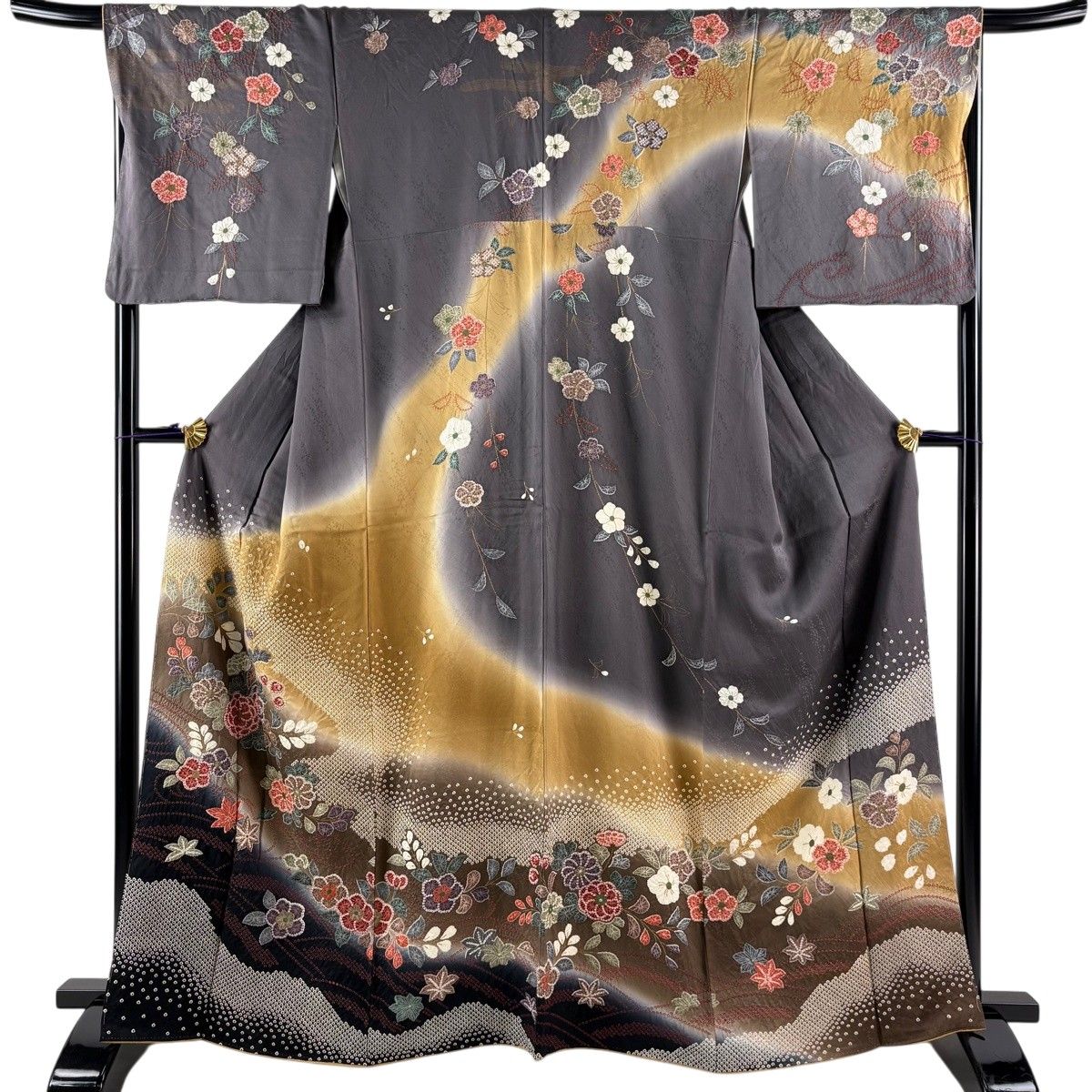 訪問着 身丈165cm 裄丈67cm M 袷 草花 流水 絞り 染め分け 灰紫 正絹 秀品 【中古】