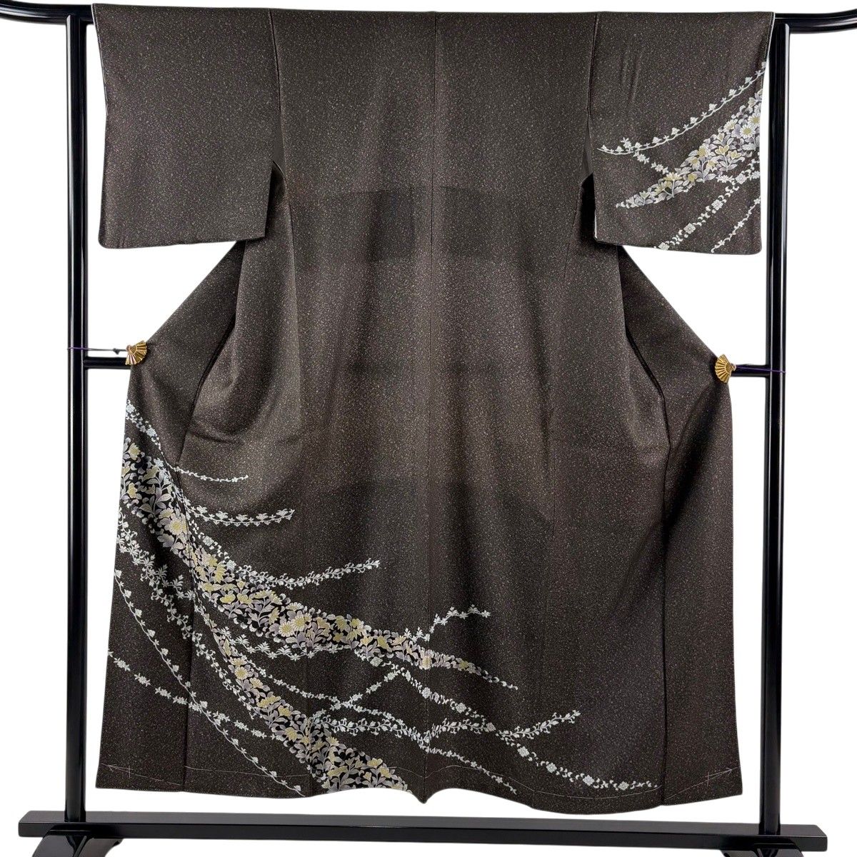 【美品】 訪問着 身丈153cm 裄丈61.5cm S 袷 草花 焦茶色 正絹 秀品 【中古】