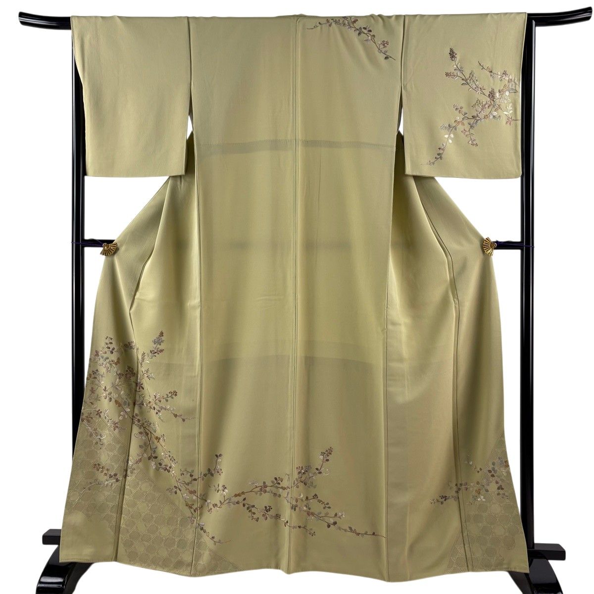 訪問着 身丈165cm 裄丈66cm M 袷 枝花 幾何学模様 刺繍 金糸 抹茶色 正絹 秀品 【中古】