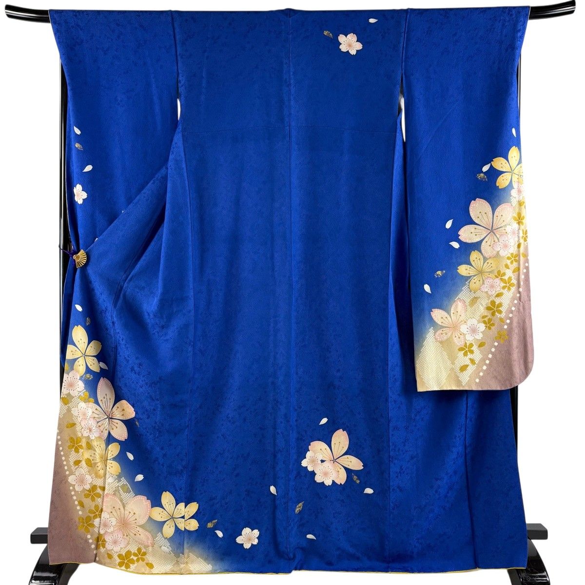 【美品】 振袖 身丈167cm 裄丈69.5cm L 袷 桜 花びら 箔 金彩 青 正絹 秀品 【中古】