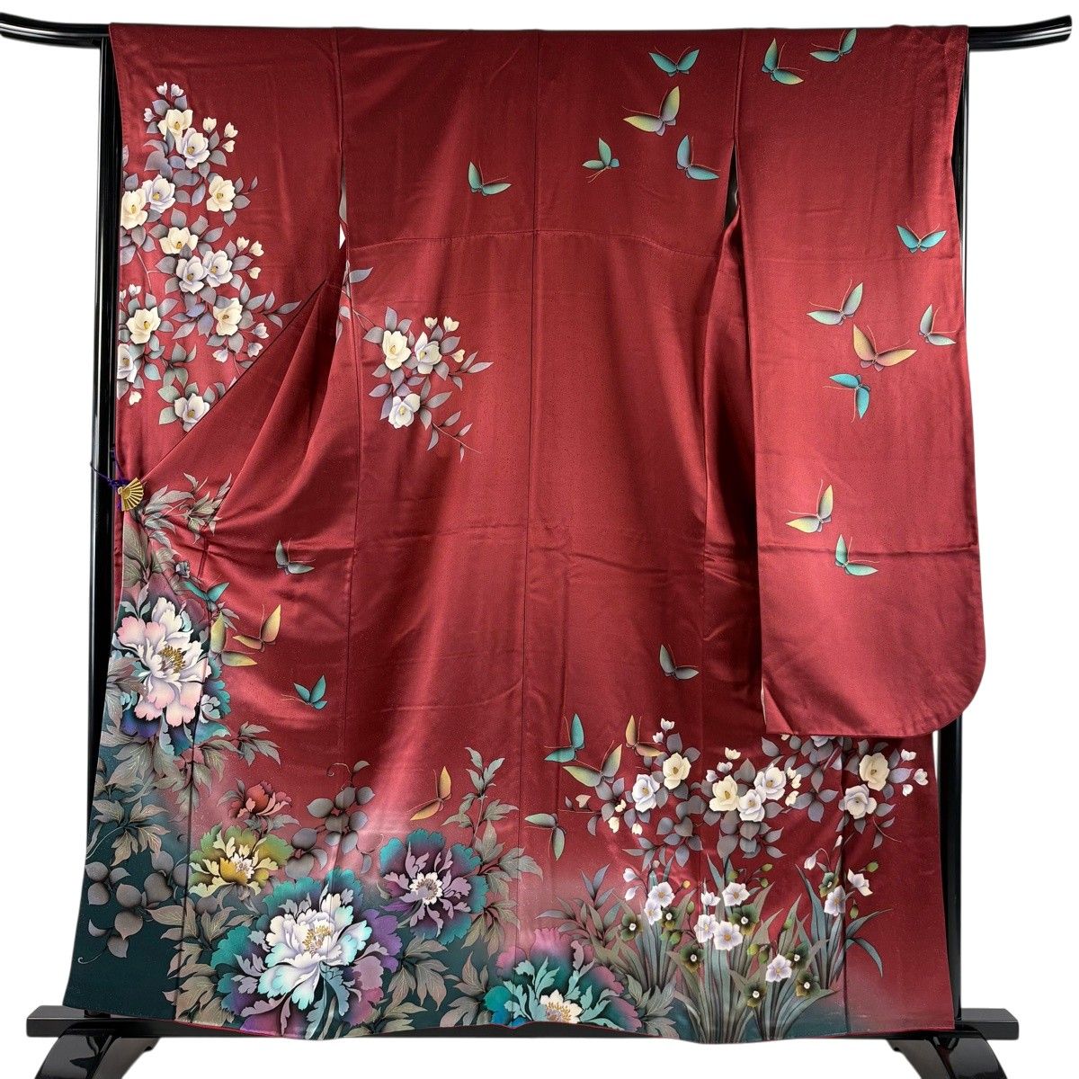 振袖 身丈158cm 裄丈65.5cm M 袷 牡丹 蝶 金糸 金彩 えんじ色 正絹 秀品 【中古】