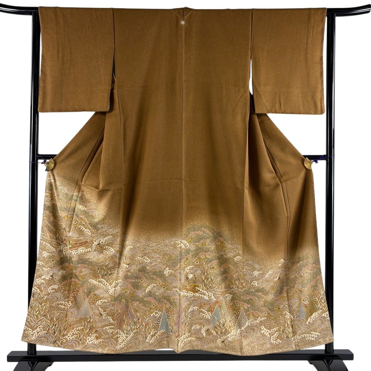【美品】 色留袖 身丈155cm 裄丈63cm S 袷 舟 鶴 金糸 金彩 山吹茶色 正絹 秀品 一つ紋 【中古】