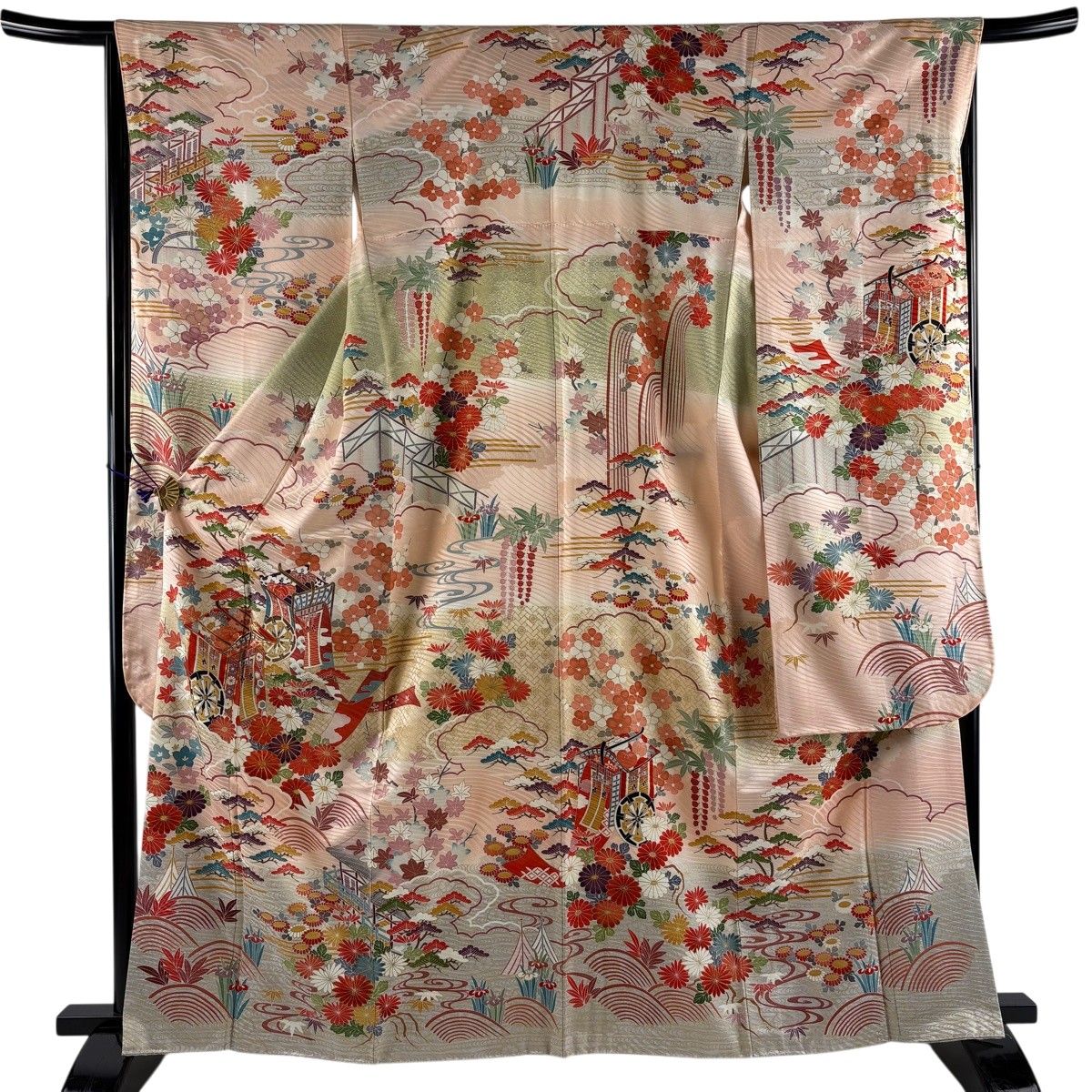 振袖 身丈163.5cm 裄丈66cm M 袷 御所車 松竹梅 金糸 金彩 薄ピンク 正絹 秀品 【中古】
