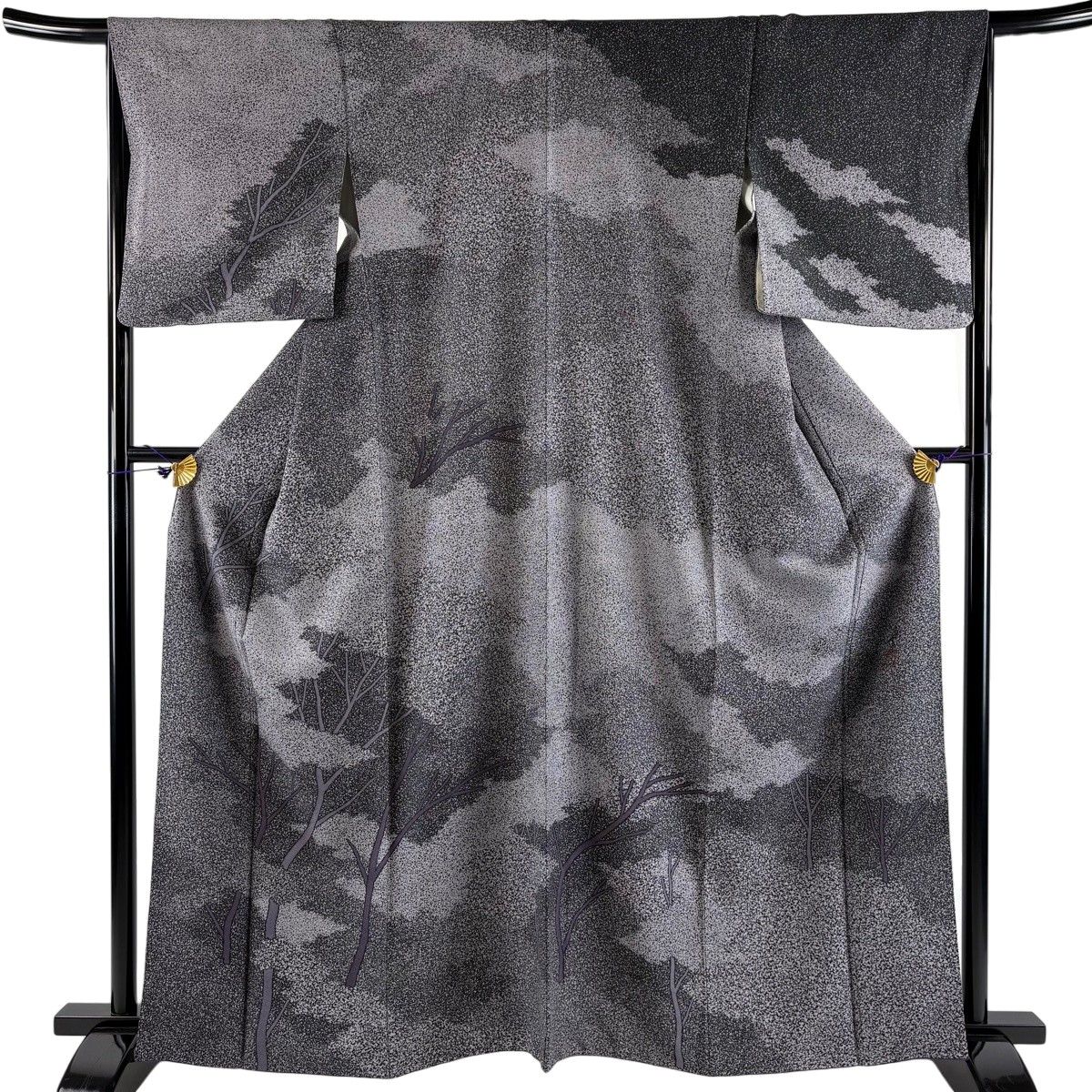 【美品】 訪問着 身丈164cm 裄丈65cm M 袷 大久保玄才 落款 樹木 霞 灰紫 正絹 名品 【中古】