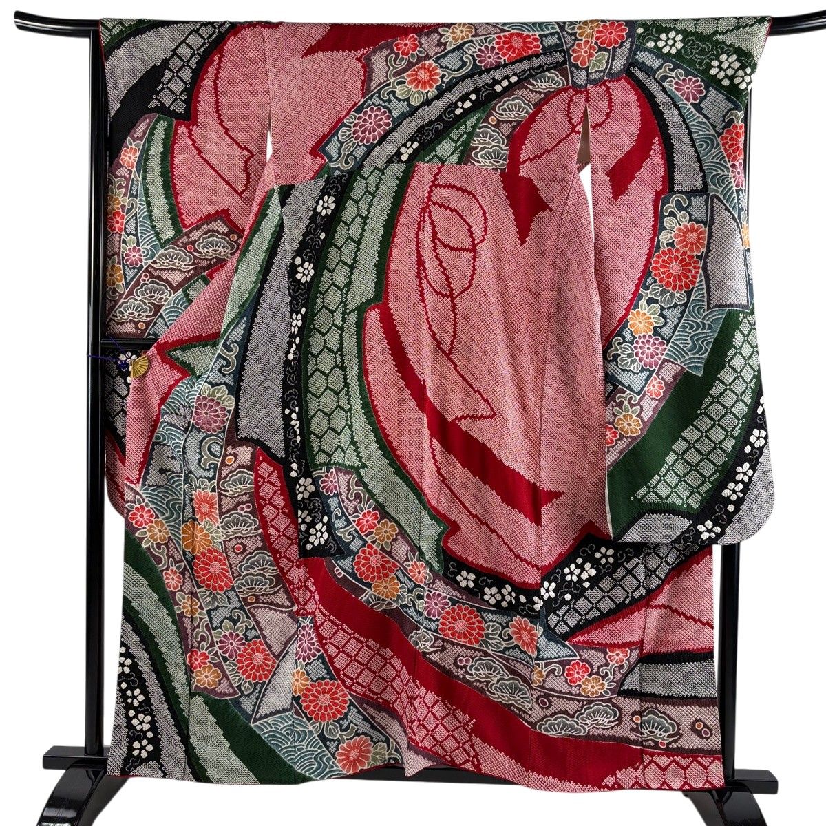 振袖 身丈159cm 裄丈68cm L 袷 菊唐草 束ね熨斗 絞り 銀彩 赤 正絹 名品 【中古】