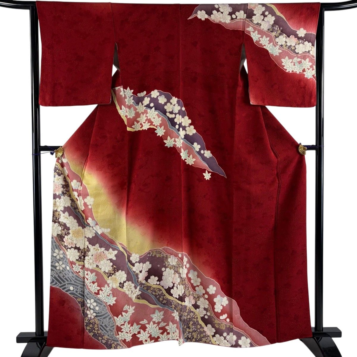【美品】 訪問着 身丈161cm 裄丈65.5cm M 袷 菊 桜楓 金通し 絞り 赤 正絹 名品 【中古】