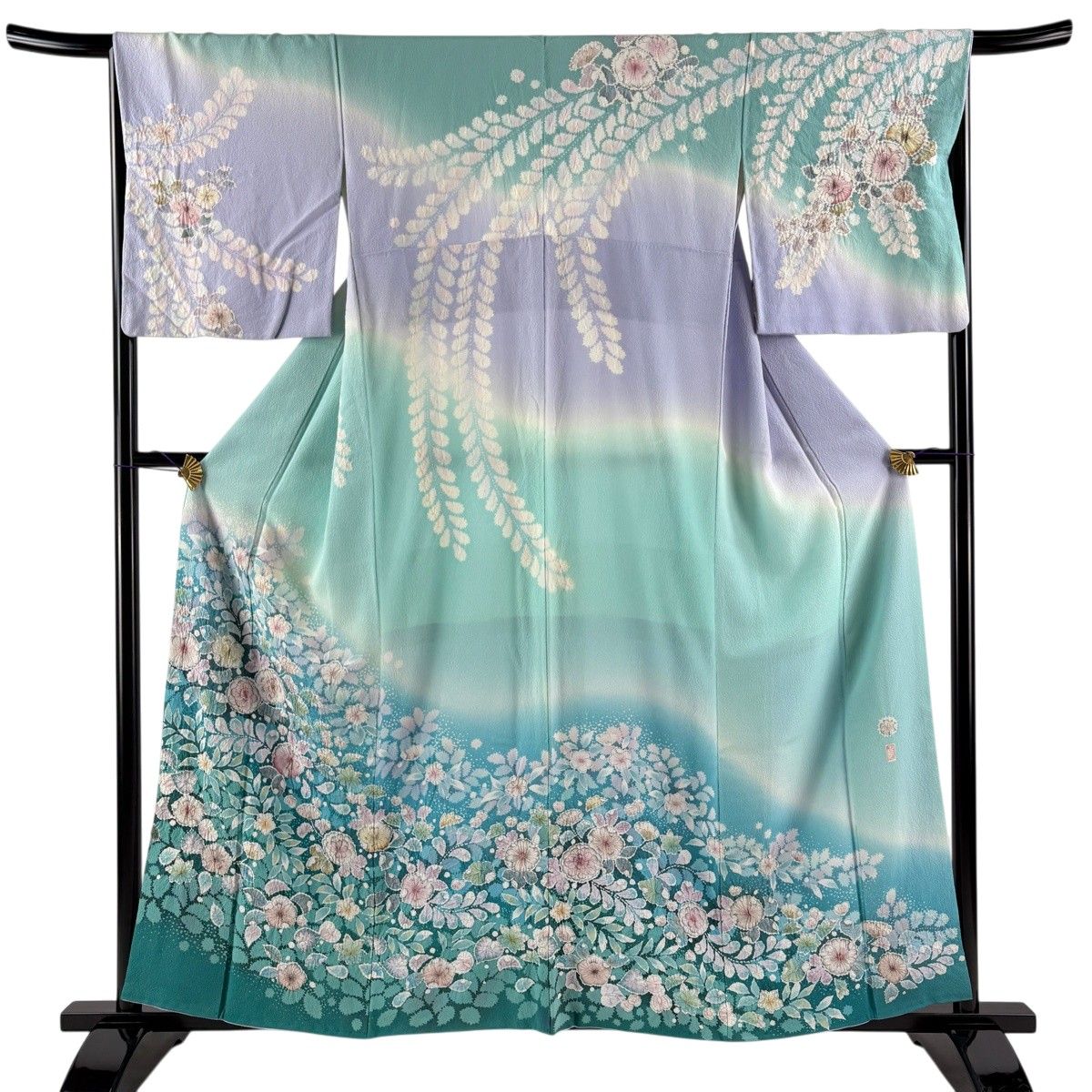 訪問着 身丈160cm 裄丈67.5cm L 袷 落款 辻が花 ぼかし 青緑 正絹 名品 【中古】