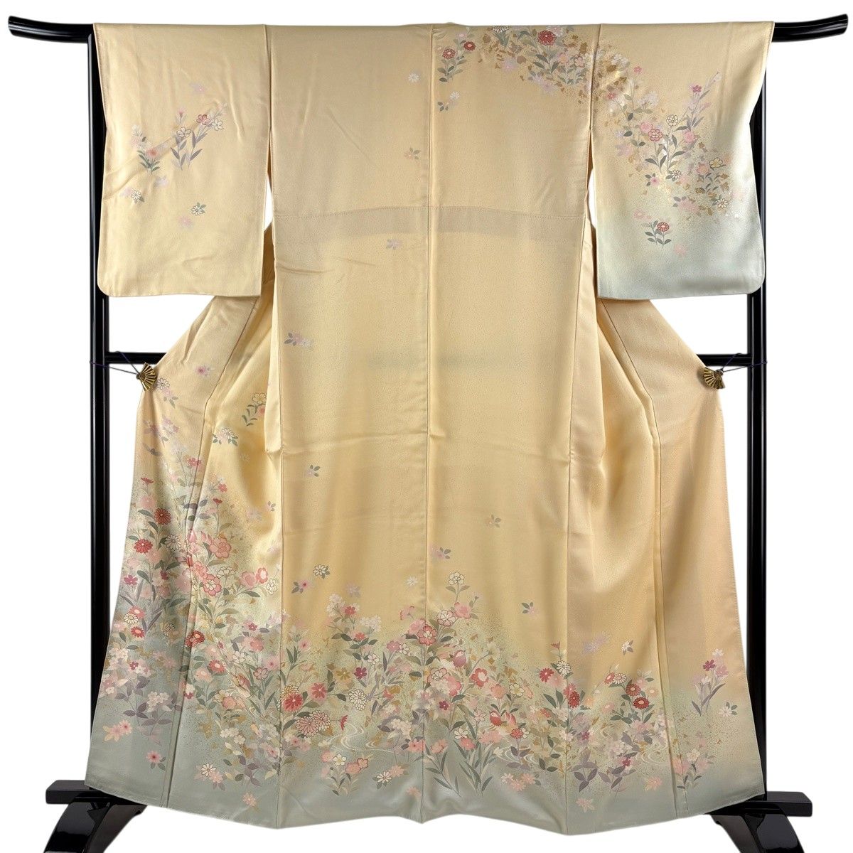 訪問着 身丈160.5cm 裄丈66cm M 袷 草花 鴛鴦 金銀彩 ぼかし ベージュ 正絹 名品 【中古】