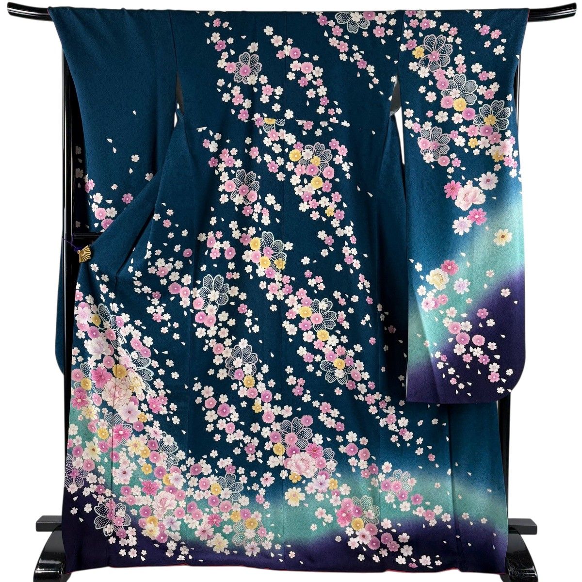 【美品】 振袖 身丈172cm 裄丈69cm L 袷 牡丹 桜 箔 金彩 青緑 正絹 名品 【中古】