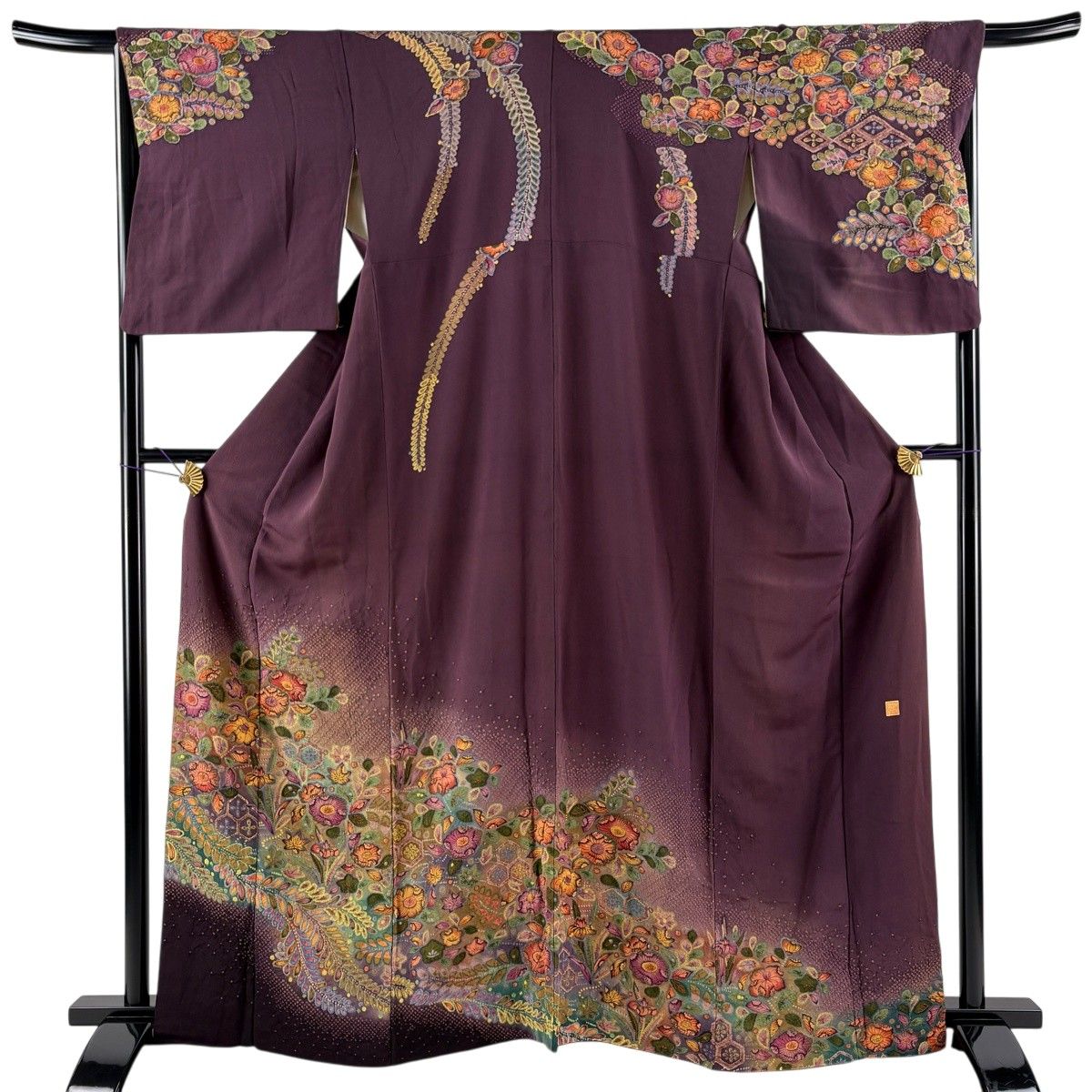 訪問着 身丈163cm 裄丈67.5cm L 袷 落款 辻が花 亀甲 ぼかし 濃紫 正絹 名品 【中古】