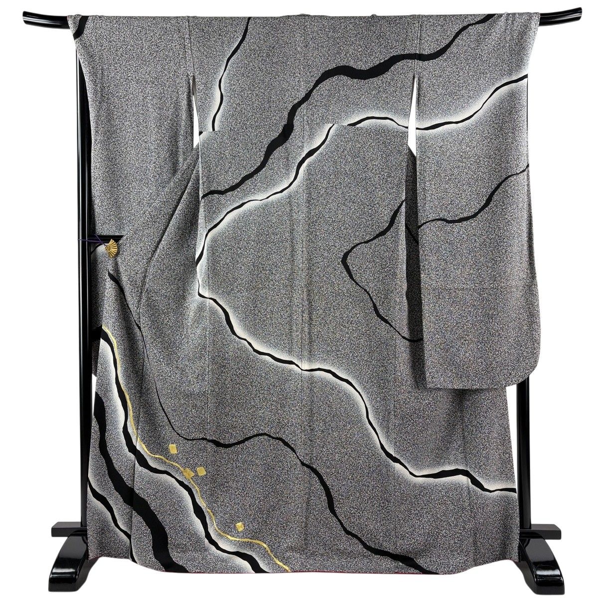 【美品】 振袖 身丈168cm 裄丈69cm L 袷 幾何学 金糸 金彩 黒灰 正絹 名品 【中古】