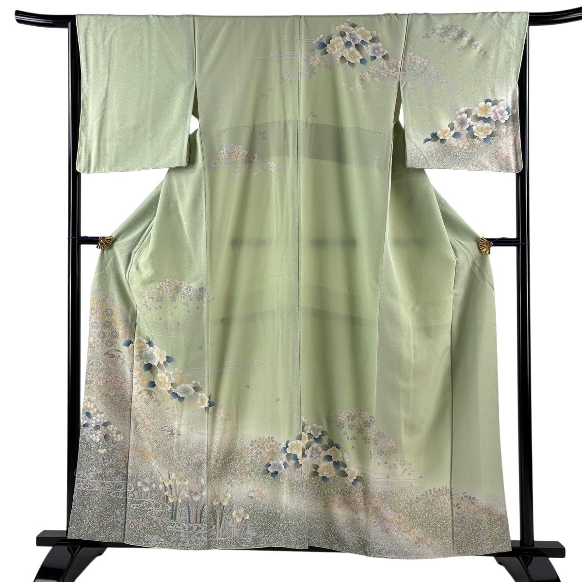 訪問着 身丈158.5cm 裄丈66cm M 袷 草花 扇 金銀彩 ぼかし 薄緑 正絹 秀品 【中古】