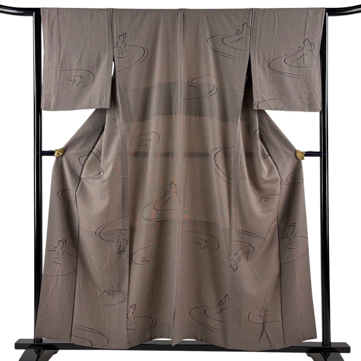 【美品】 小紋 身丈156.5cm 裄丈65cm M 袷 胴抜き 枯山水 竹縞 灰茶 正絹 秀品 【中古】
