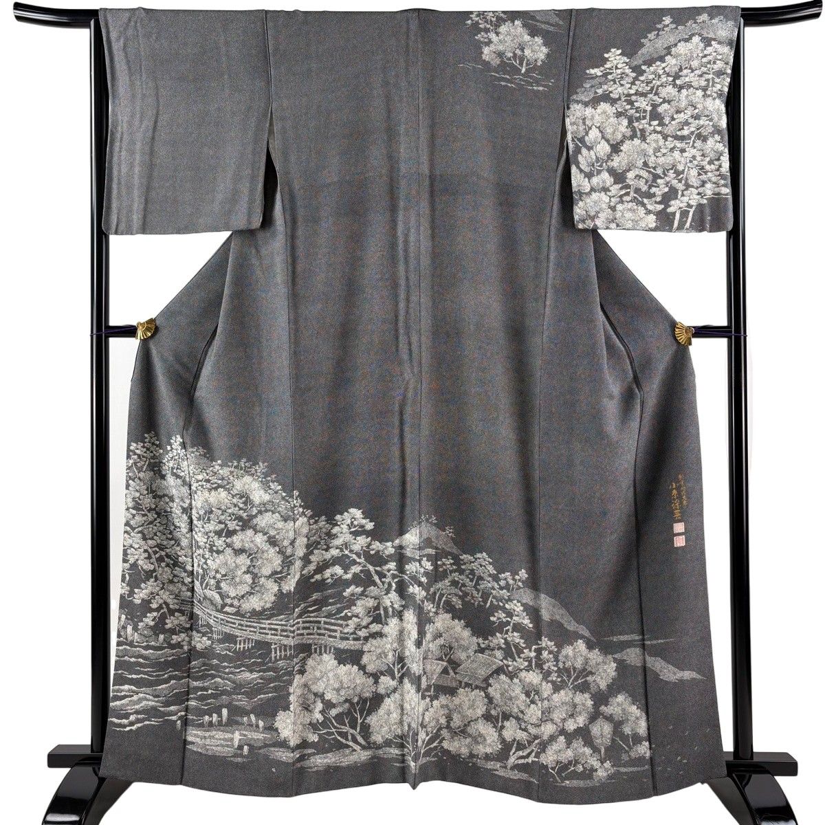 訪問着 身丈162cm 裄丈65cm M 袷 落款 風景 橋 黒灰 正絹 秀品 【中古】