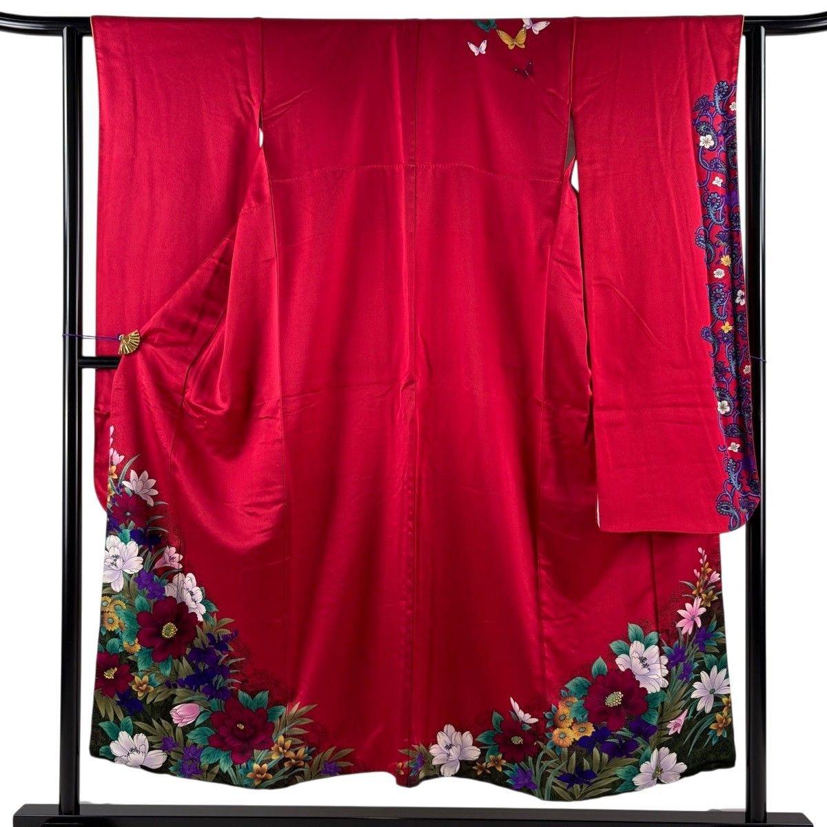 振袖 身丈151cm 裄丈60.5cm S 袷 草花 箔 赤 正絹 秀品 【中古】