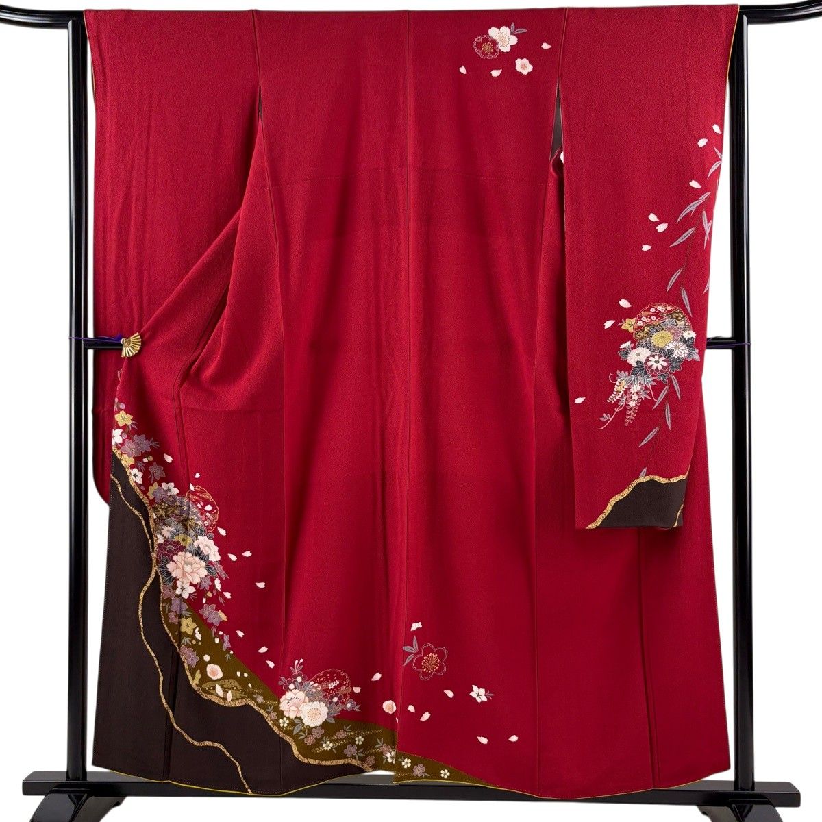 振袖 身丈155.5cm 裄丈63cm S 袷 雪輪 牡丹 金彩 染め分け 赤 正絹 秀品 【中古】