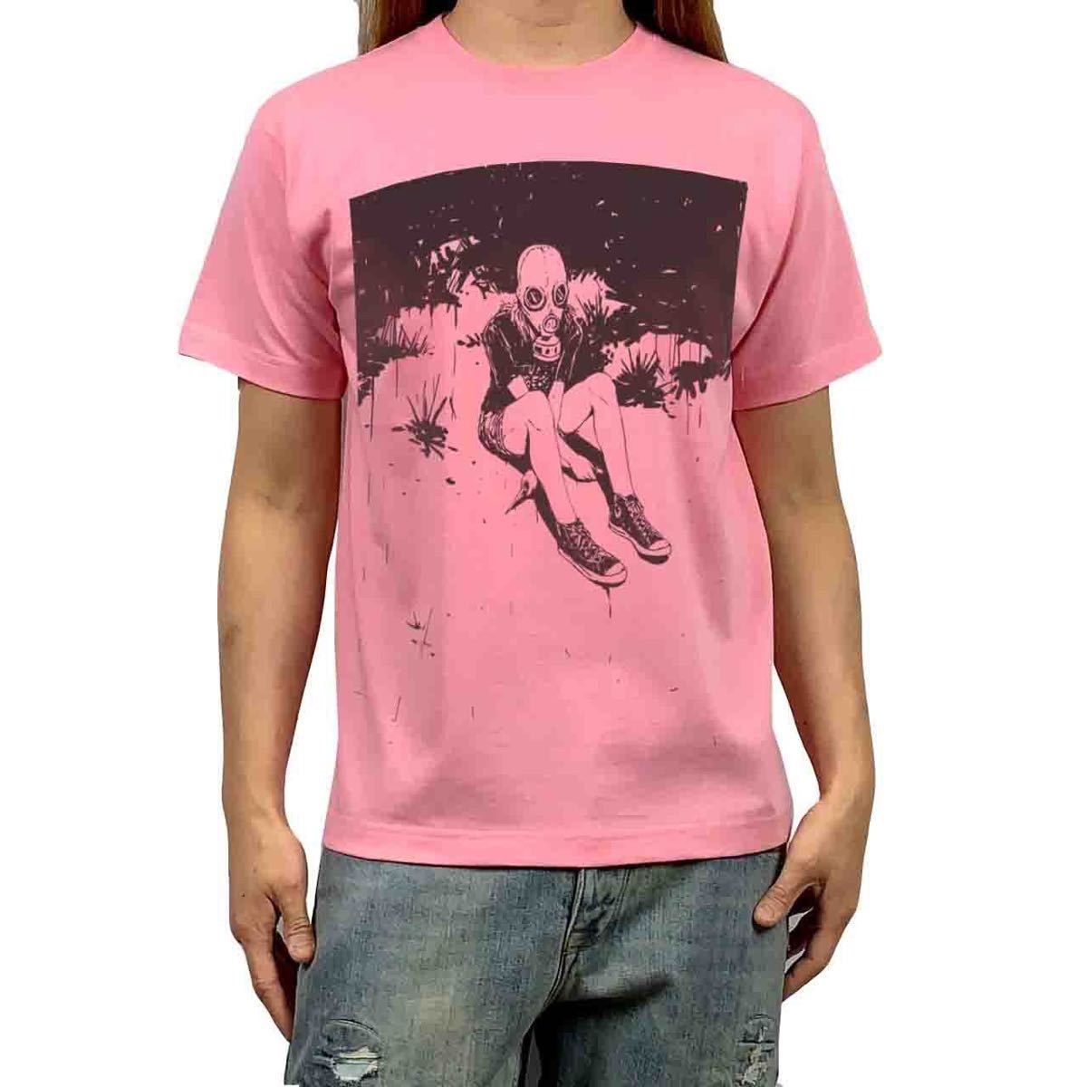 オリジナル Tシャツ ビッグ プリント ガスマスク ナイフ 危険 少女 デンジャラス ガール ピンク Tシャツ S M L XL タイト ジャスト 大きい ビッグ オーバーサイズ メンズ レディース ユニセックス ピンククリーム