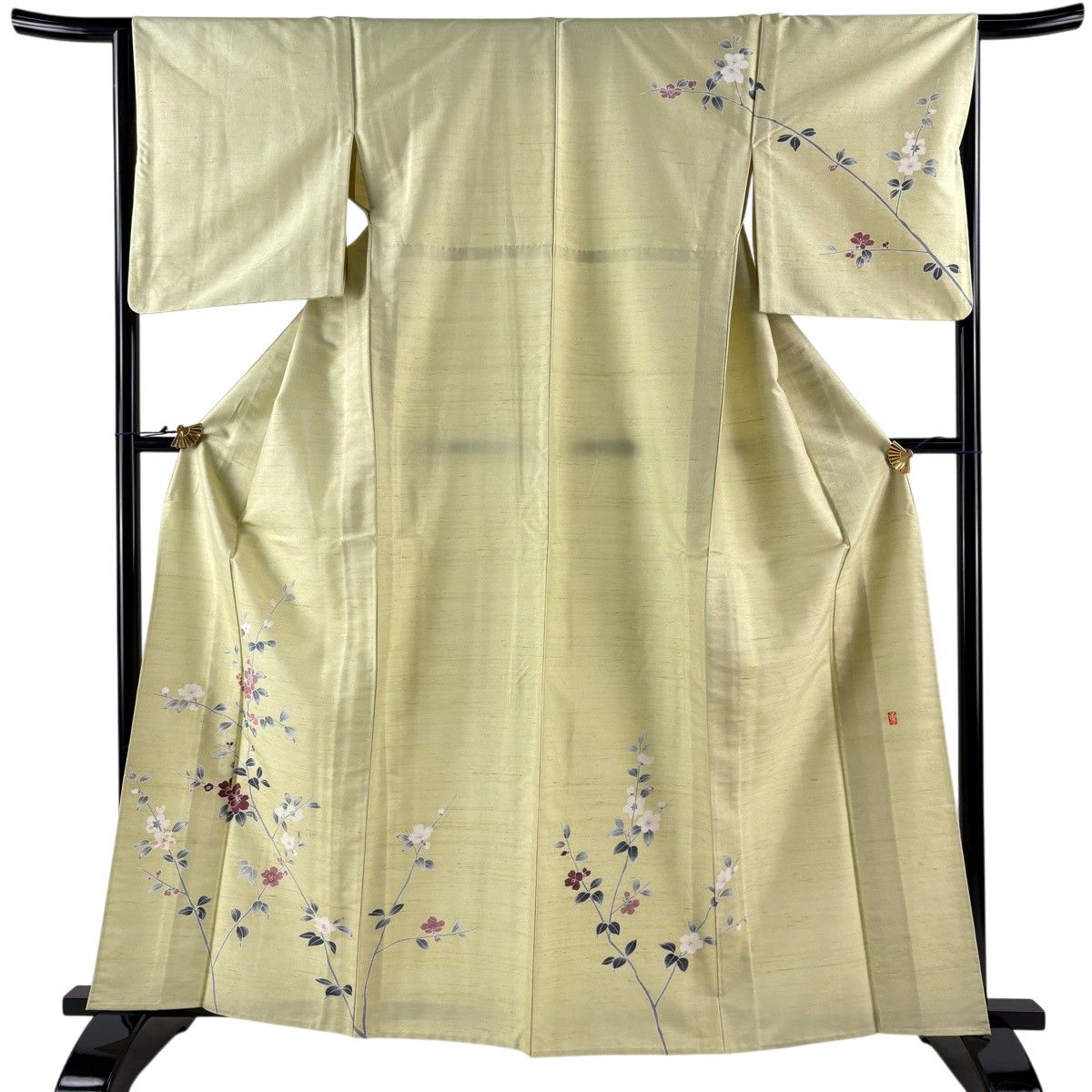付下げ 身丈162.5cm 裄丈65cm M 単衣 紬地 落款 枝花 薄緑 正絹 秀品 【中古】
