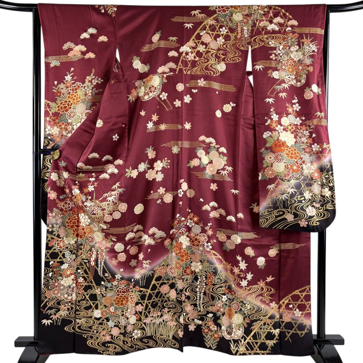 美品】 振袖 身丈163.5cm 裄丈64cm M 袷 やまと 花車 観世水 金糸 金彩