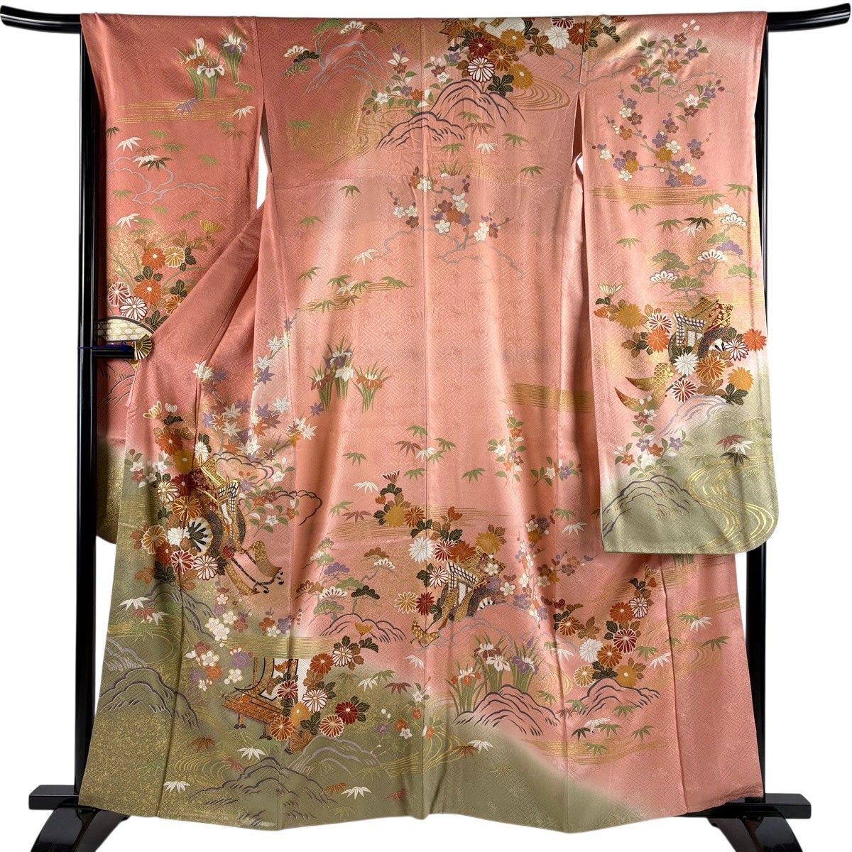 振袖 身丈159cm 裄丈66.5cm M 袷 御所車 草花 金糸 金彩 サーモンピンク 正絹 秀品 【中古】