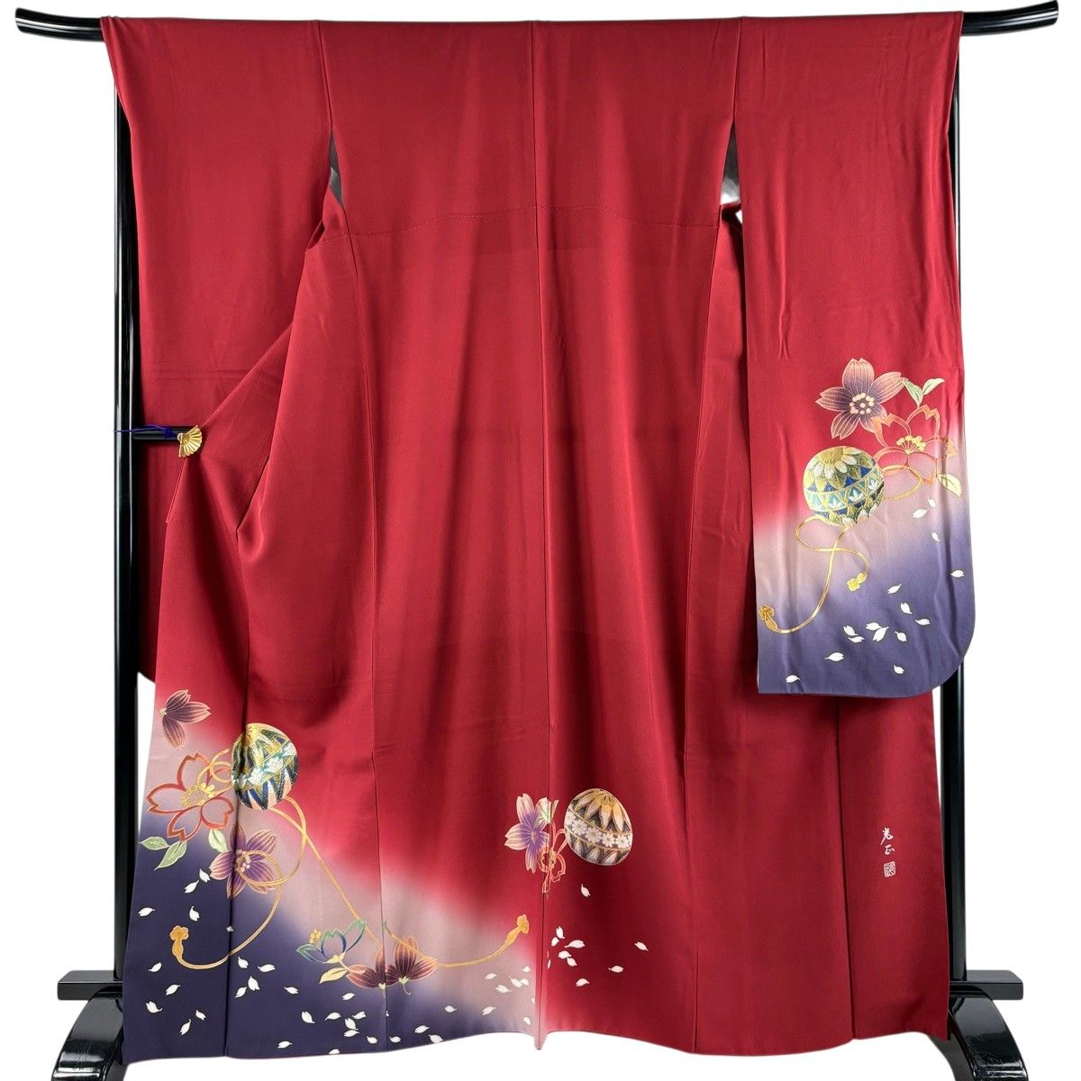 【美品】 振袖 身丈166cm 裄丈68.5cm L 袷 和田光正 落款 手鞠 桜 金銀彩 ラメ 赤 正絹 秀品 【中古】