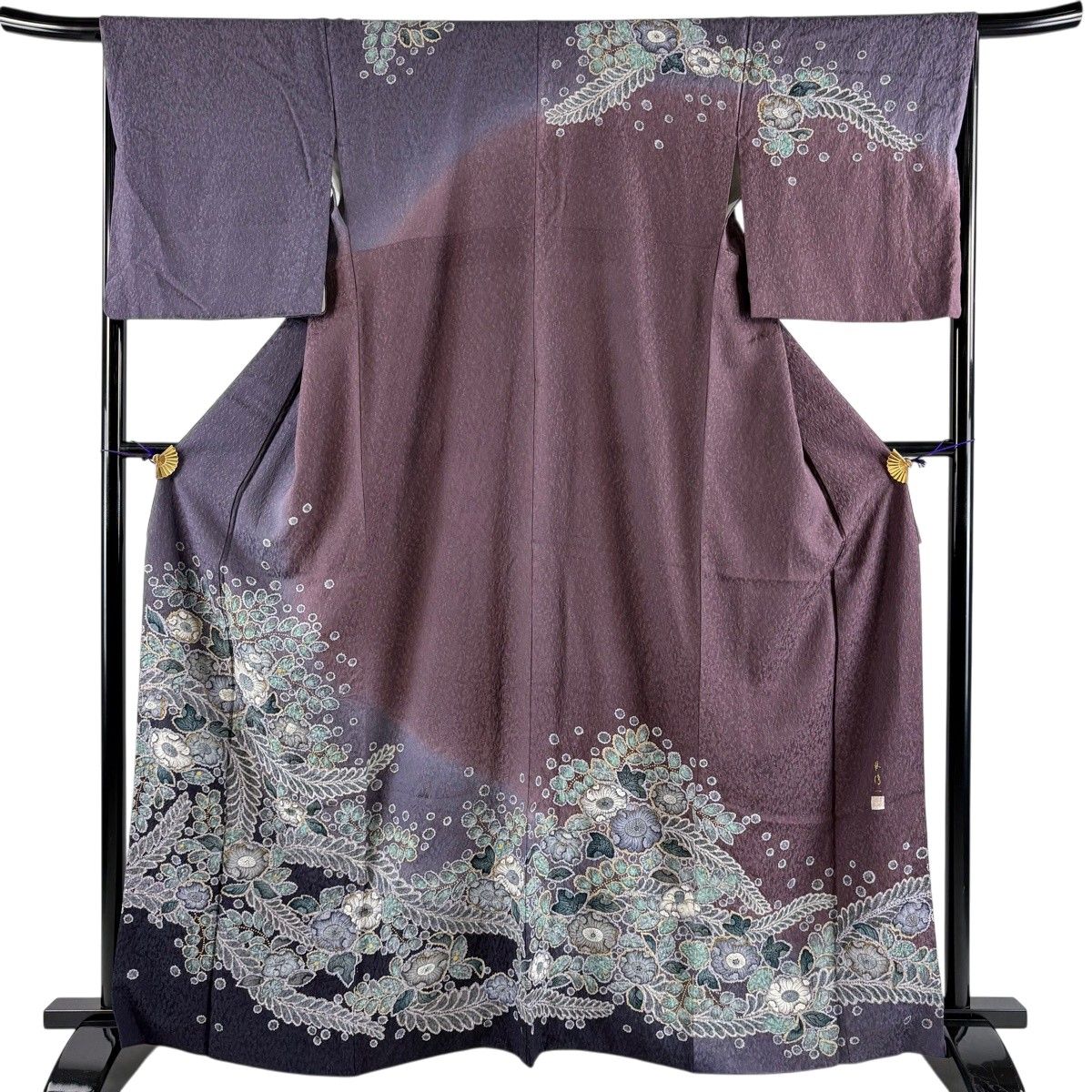 【美品】 訪問着 身丈163cm 裄丈64cm M 袷 やまと 落款 辻が花 金彩 ぼかし 紫 正絹 秀品 【中古】
