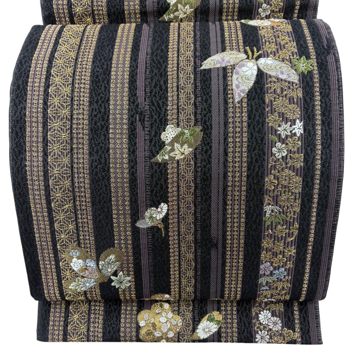 【美品】 袋帯 秀品 草花 笹 金糸 箔 黒 六通 正絹 【中古】