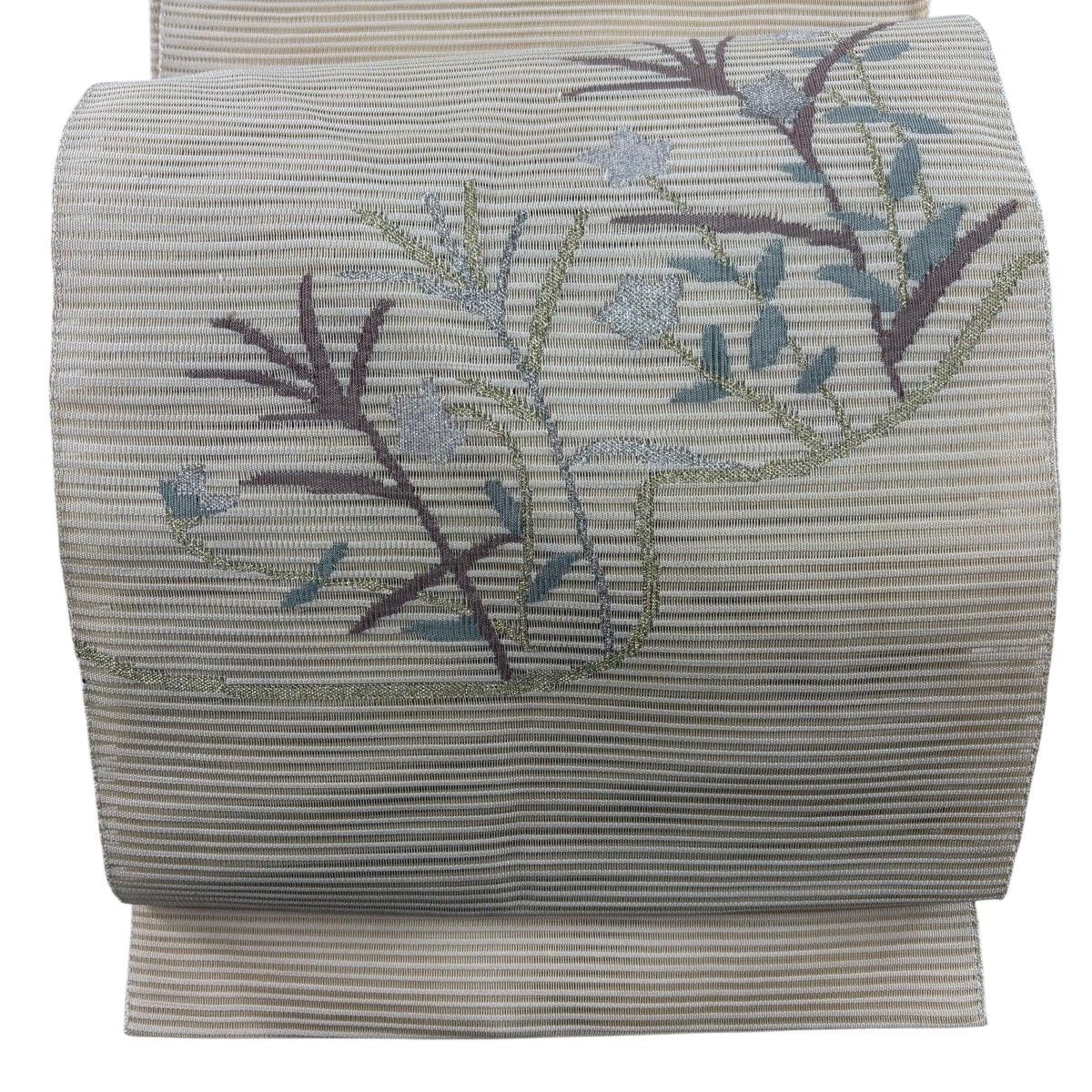 名古屋帯 秀品 夏帯 絽 松葉仕立て 八寸名古屋帯 草花 金銀糸 ベージュ 正絹 【中古】