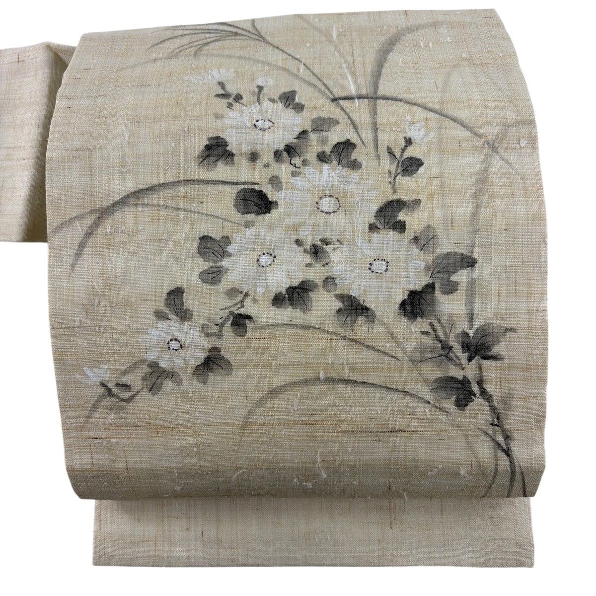 名古屋帯 秀品 夏帯 菊 ススキ ベージュ 正絹 【中古】
