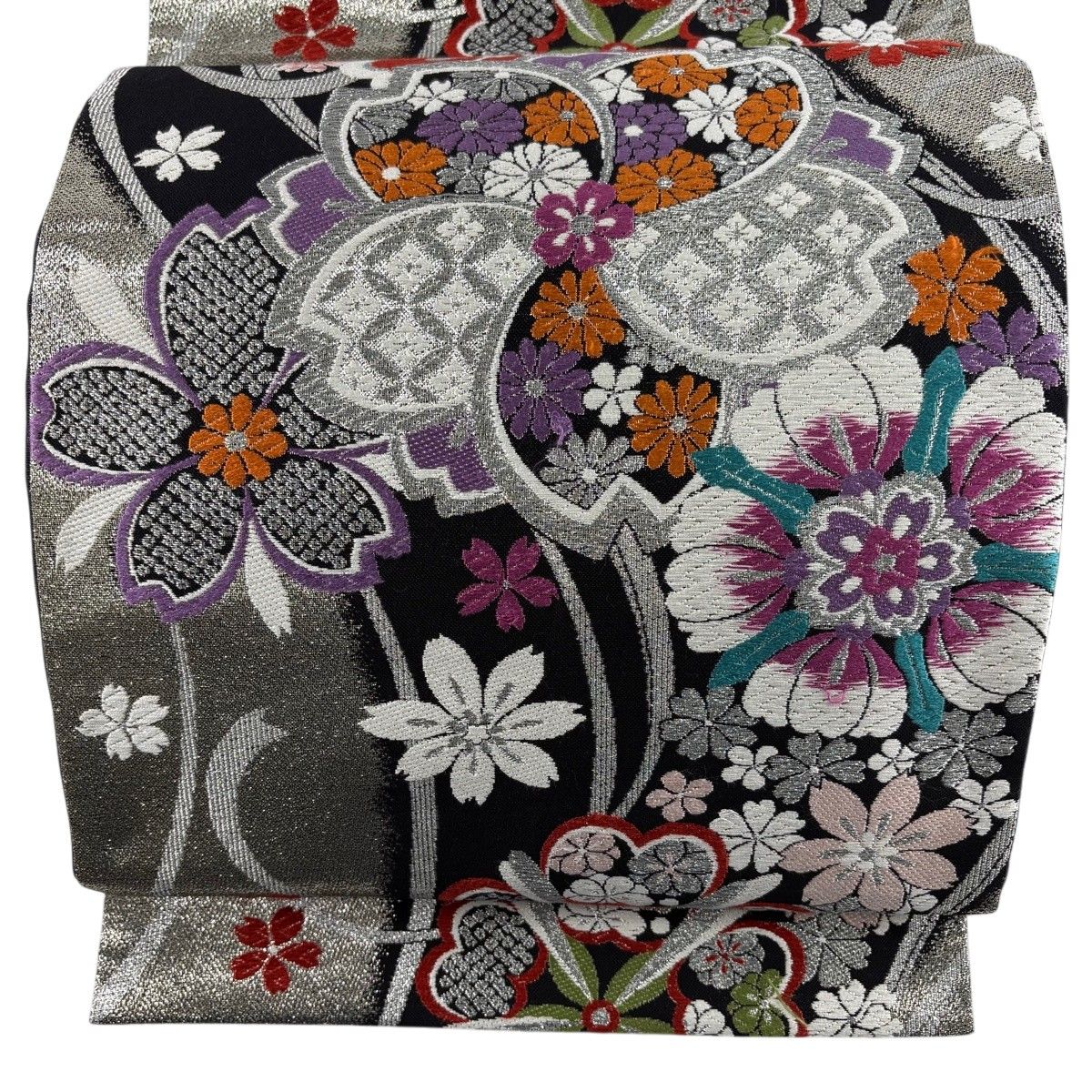 袋帯 秀品 振袖向き 桜 菊 金銀糸 箔 黒 六通 正絹 【中古】 - メルカリ