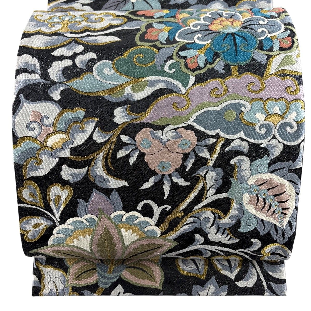 【美品】 袋帯 秀品 花唐草 雲文 金糸 箔 黒 六通 正絹 【中古】