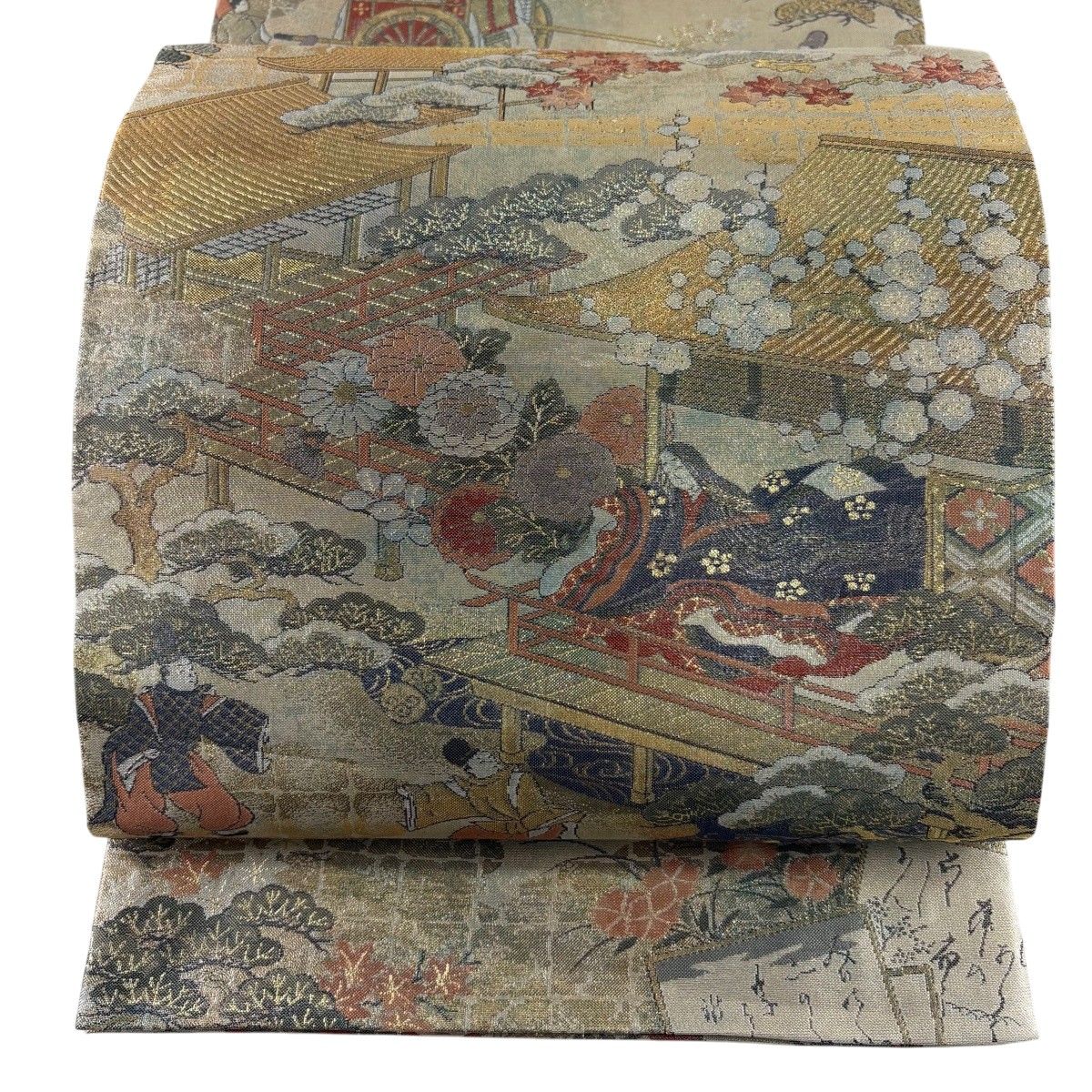 【美品】 丸帯 秀品 御所風景 かるた 金糸 箔 金色 全通 正絹 【中古】