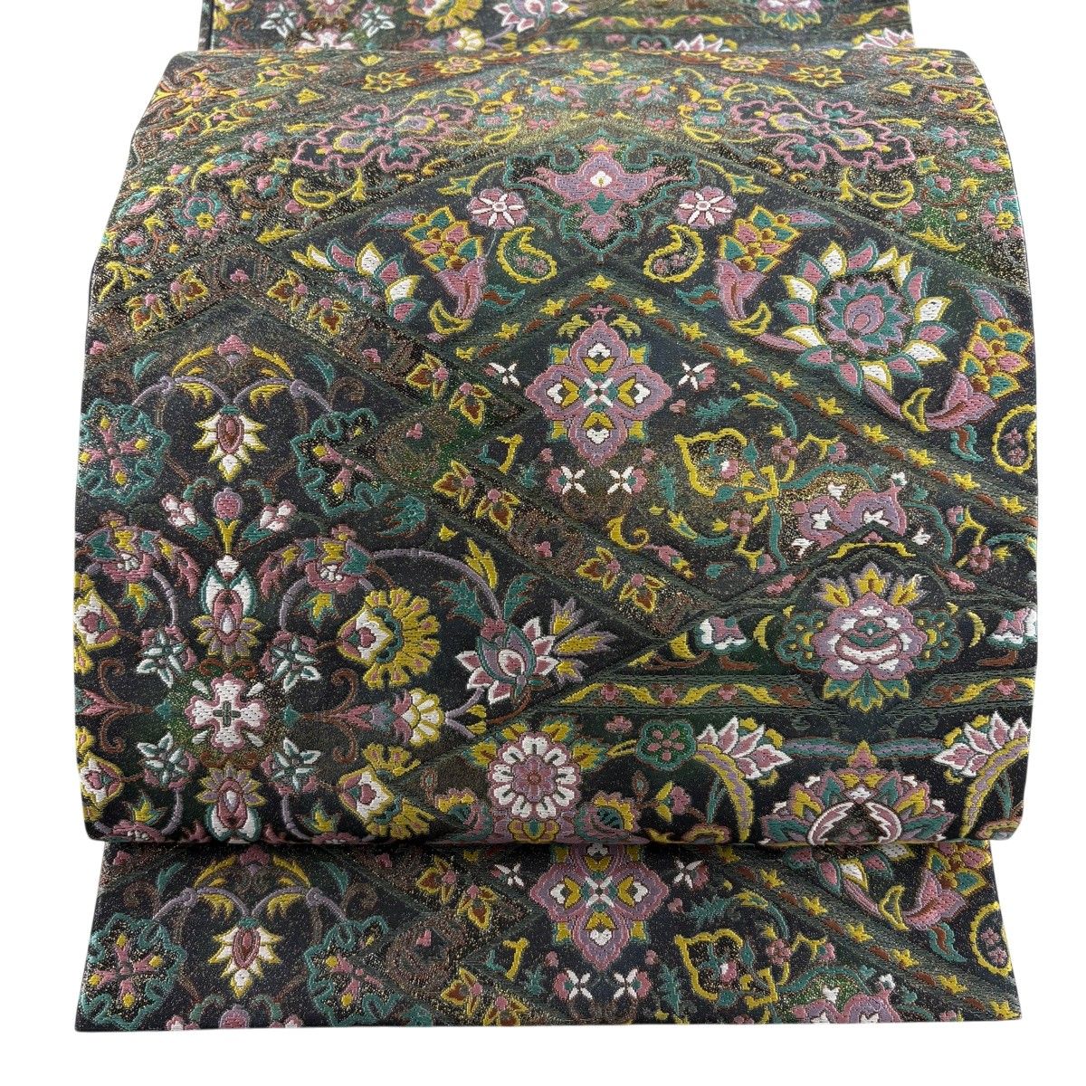 【美品】 袋帯 秀品 落款 草花 幾何学模様 本金漆箔 黒灰 六通 正絹 【中古】
