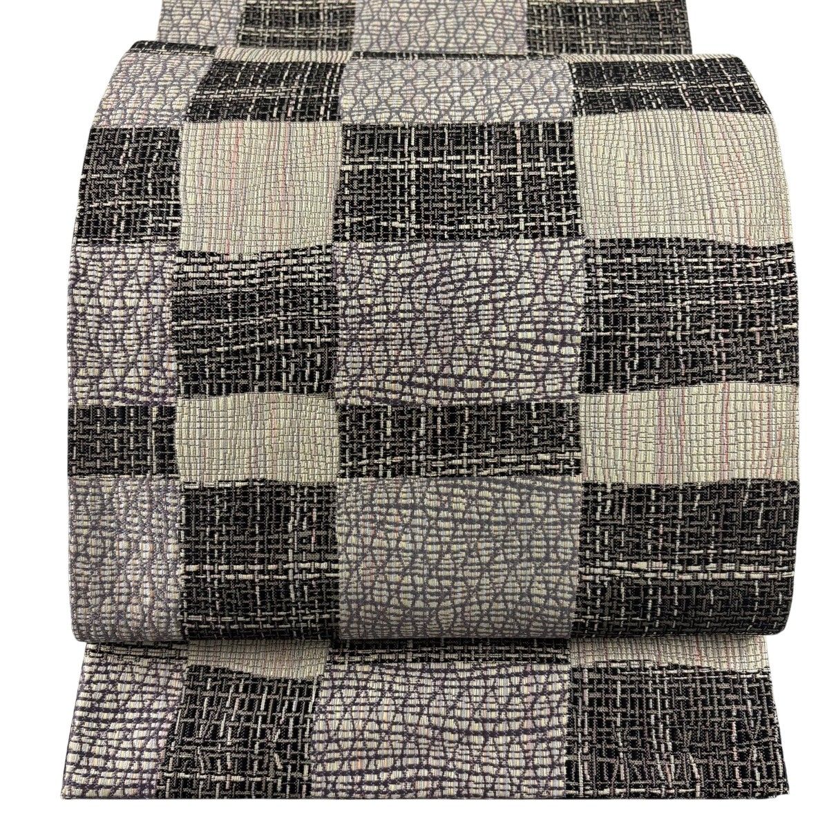 【美品】 袋帯 秀品 幾何学模様 黒灰 全通 正絹 【中古】