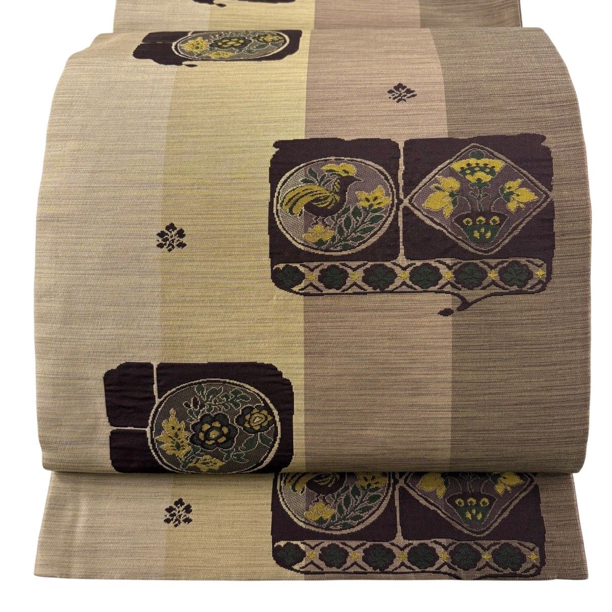 【美品】 袋帯 秀品 花鳥 縞模様 薄茶色 六通 正絹 【中古】