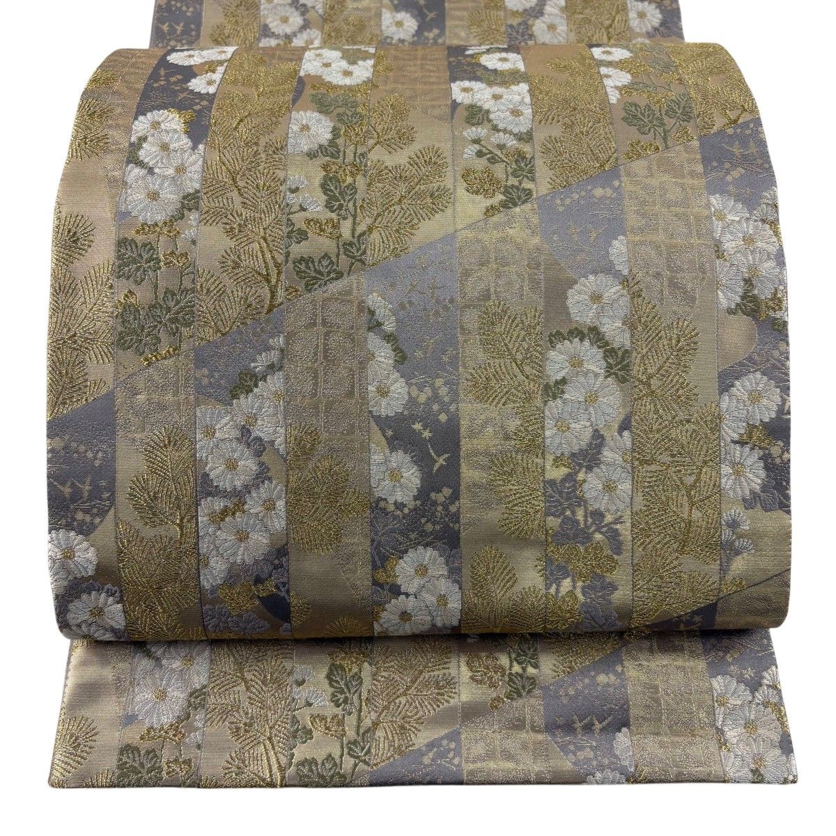 【美品】 袋帯 秀品 菊 松 金糸 箔 金色 六通 正絹 【中古】