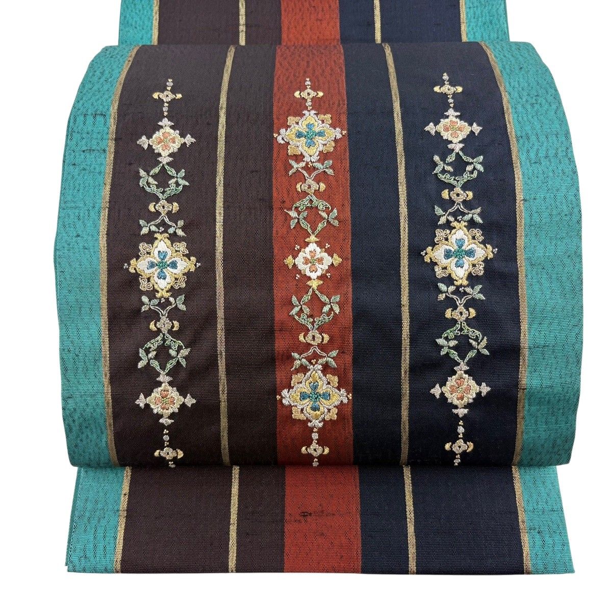 【美品】 袋帯 秀品 紬地 花菱 縞模様 金銀糸 ラメ糸 青緑 お太鼓柄 正絹 【中古】