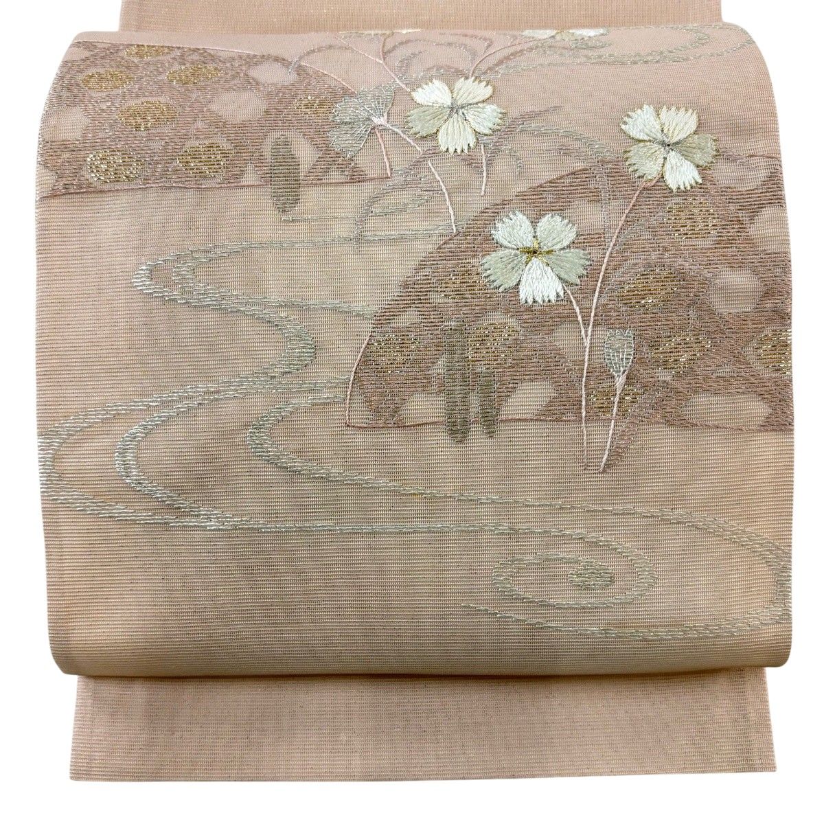 袋帯 秀品 夏帯 草花 流水 金銀糸 箔 ピンクベージュ お太鼓柄 正絹 【中古】