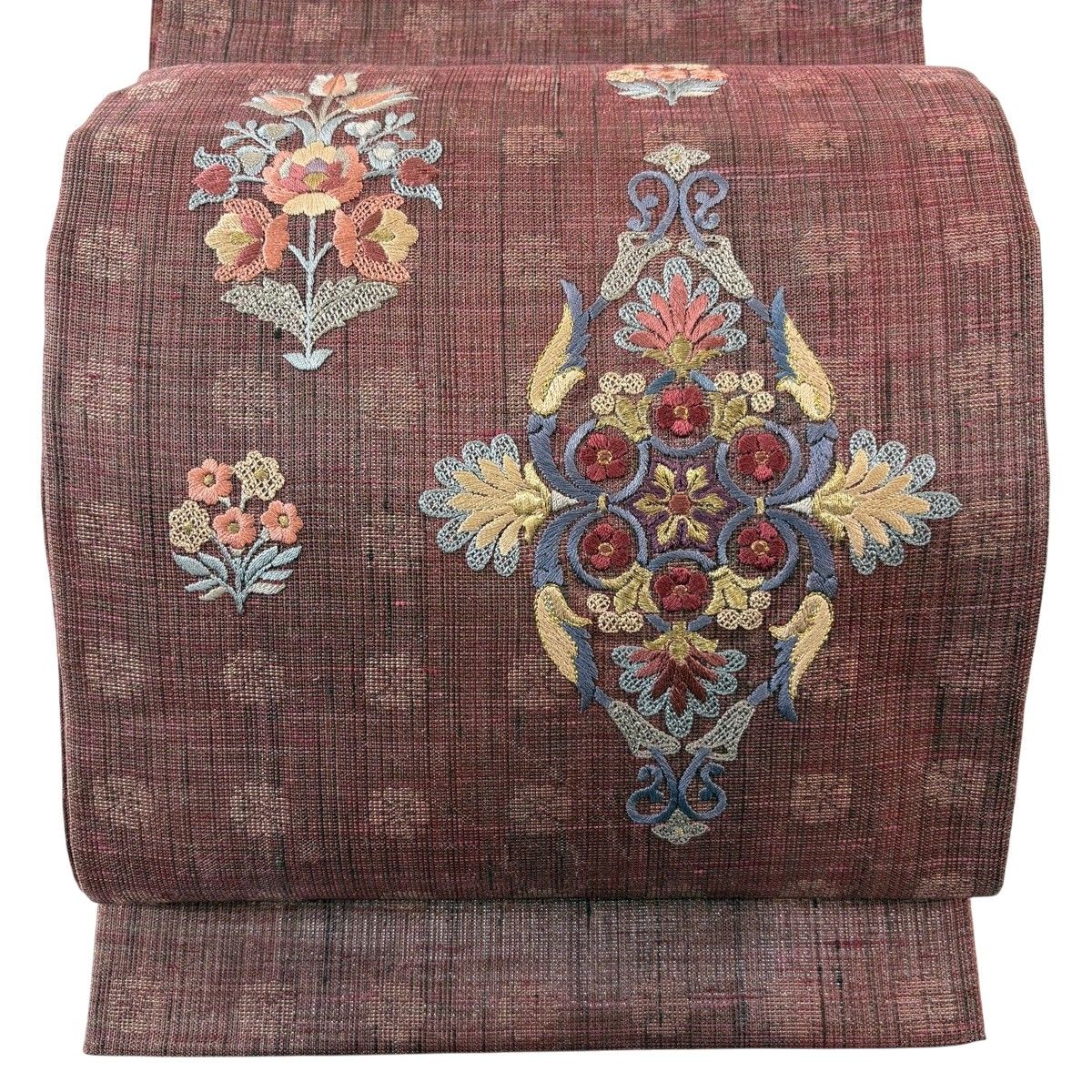 【美品】 袋帯 秀品 華文 草花 金糸 刺繍 赤紫 お太鼓柄 正絹 【中古】