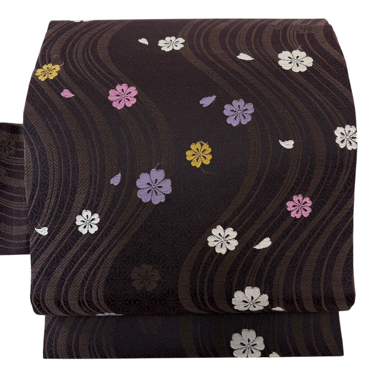 名古屋帯 秀品 桜 麻の葉 濃紫 正絹 【中古】