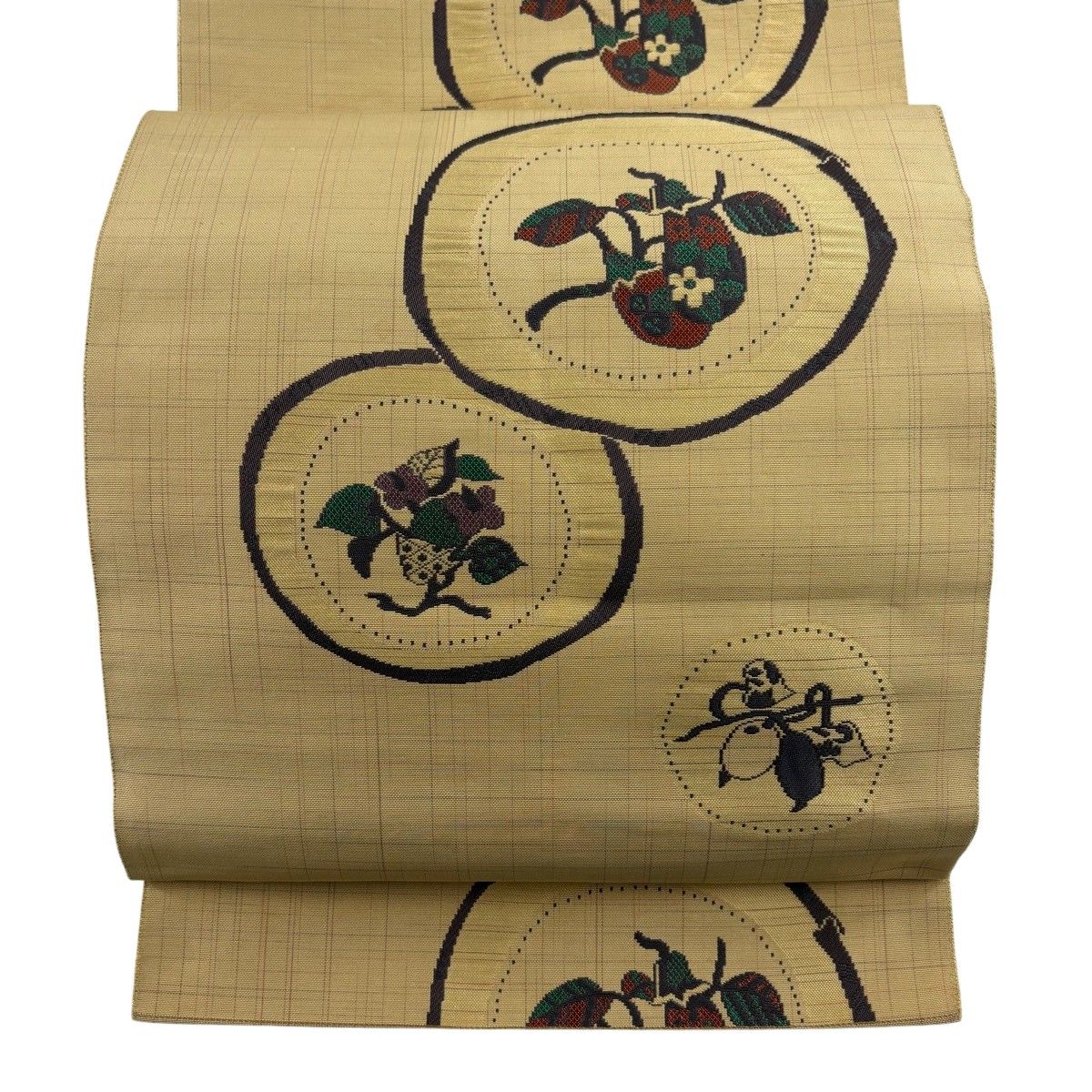 名古屋帯 秀品 紬地 八寸名古屋帯 松葉仕立て 茄子 草花 ベージュ 正絹 【中古】