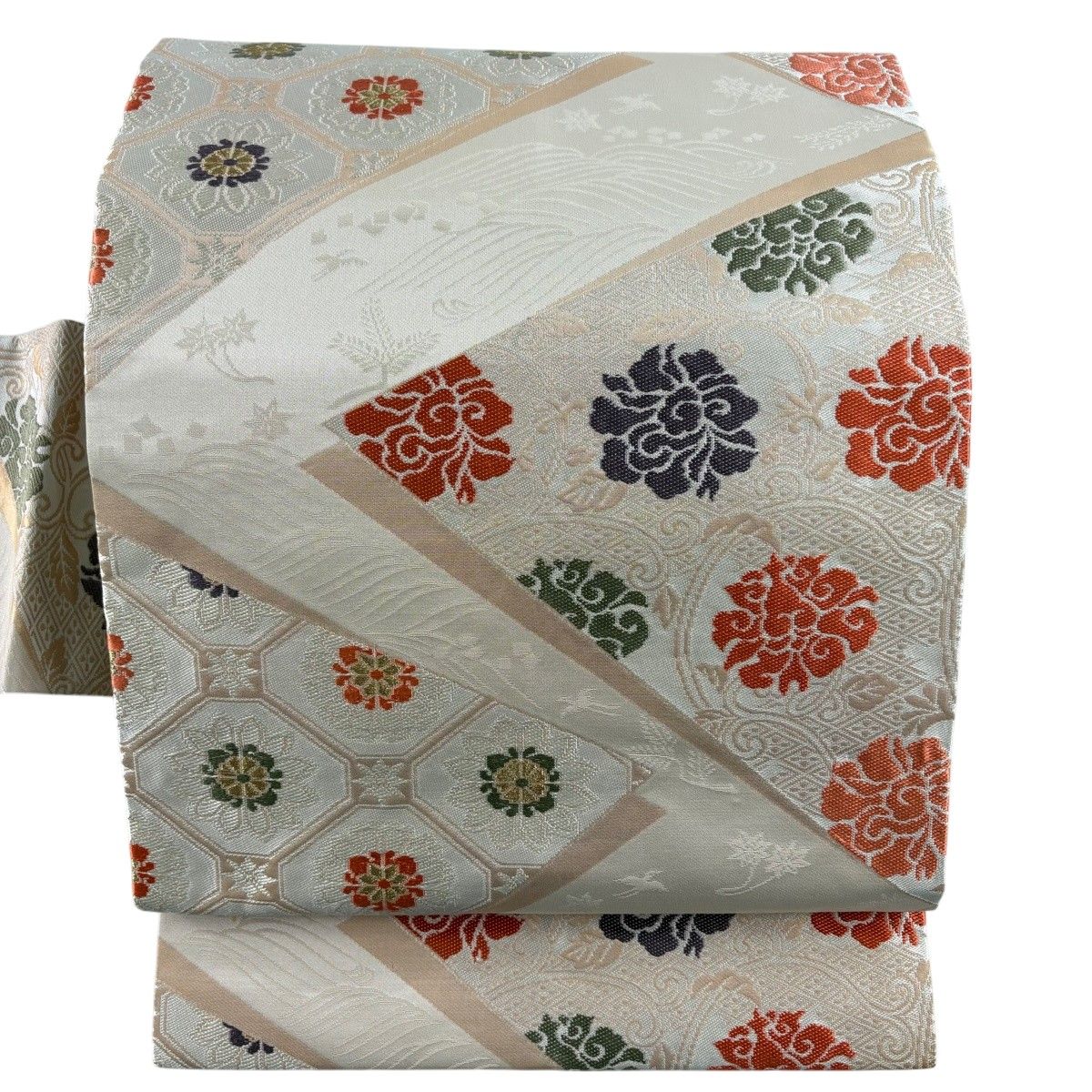 名古屋帯 秀品 蜀江華文 花唐草 金糸 箔 ベージュ 正絹 【中古】