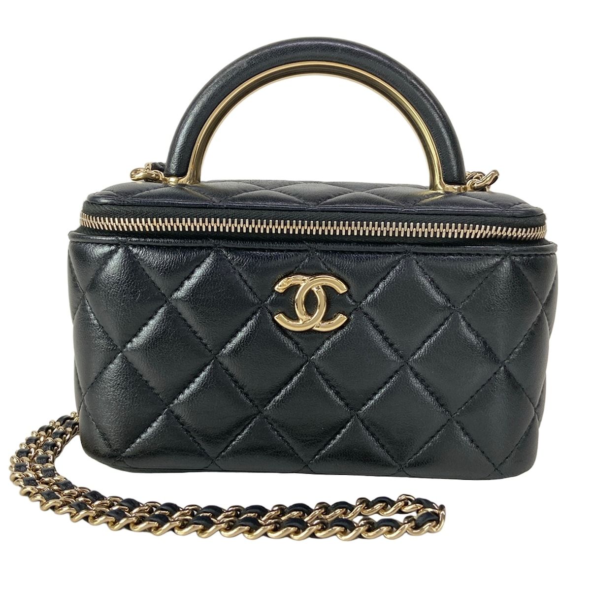 CHANEL(シャネル) バニティバッグ ヴァニティケース,マトラッセ 黒 ゴールド金具 ラムスキン
