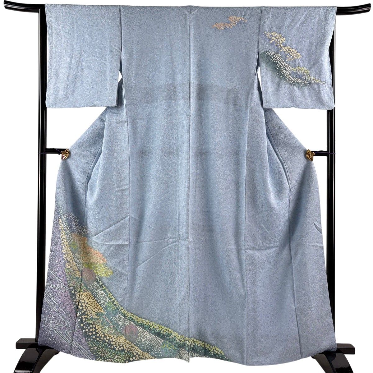 訪問着 身丈163cm 裄丈64cm M 袷 花 流水 銀通し 絞り 水色 正絹 名品 【中古】