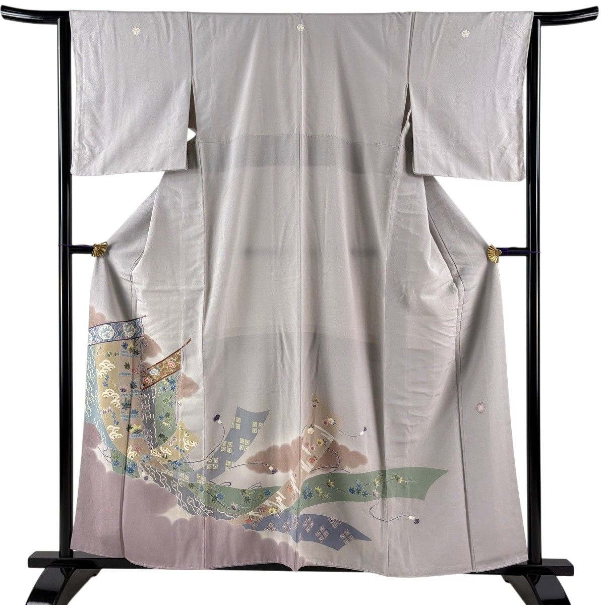 色留袖 身丈158cm 裄丈64.5cm M 袷 四代目眞 上野眞 落款 几帳 紅葉 灰紫 正絹 名品 三つ紋 【中古】
