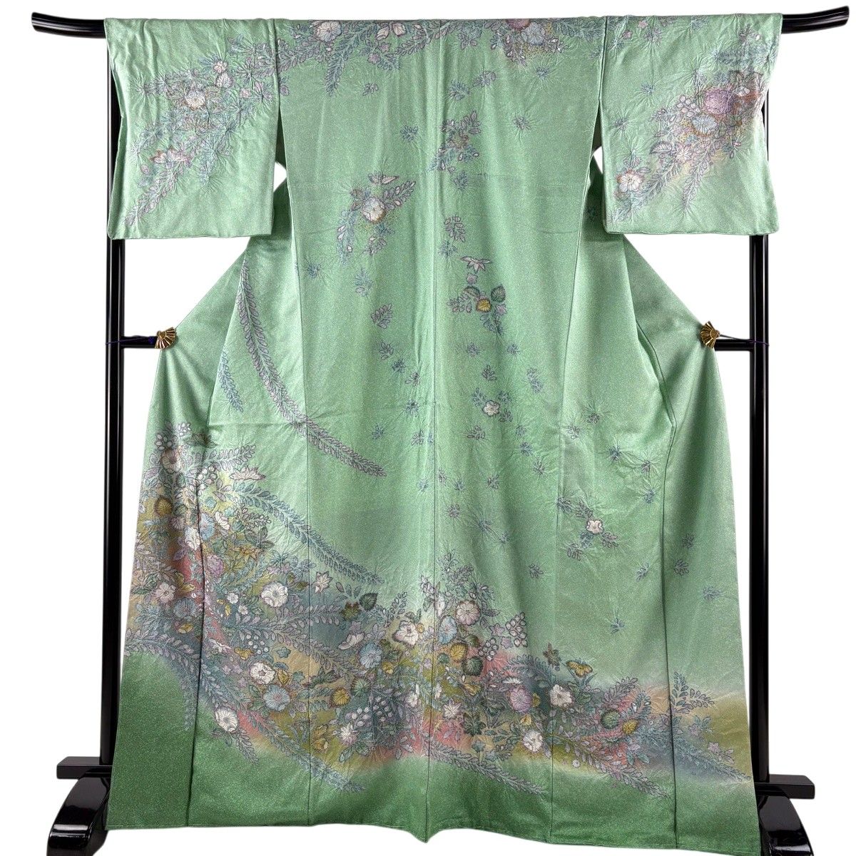 訪問着 身丈169cm 裄丈69cm L 袷 辻が花 笹 金彩 ぼかし 薄緑 正絹 名品 【中古】