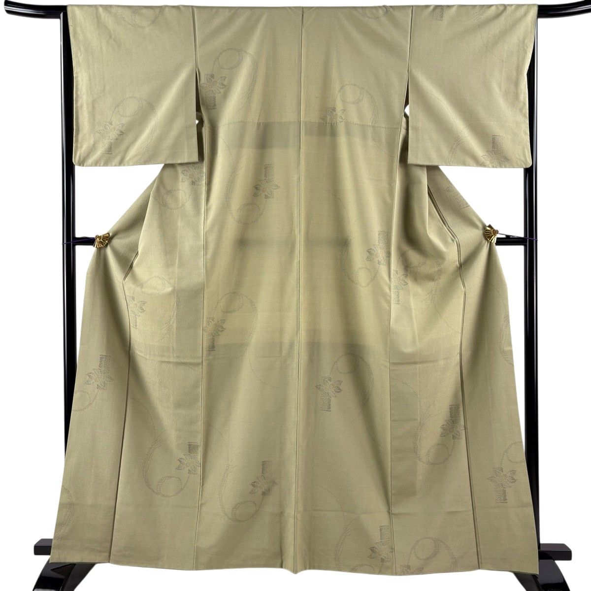 紬 身丈164cm 裄丈65cm M 袷 塩沢絣 草花 灰緑 正絹 名品 【中古】