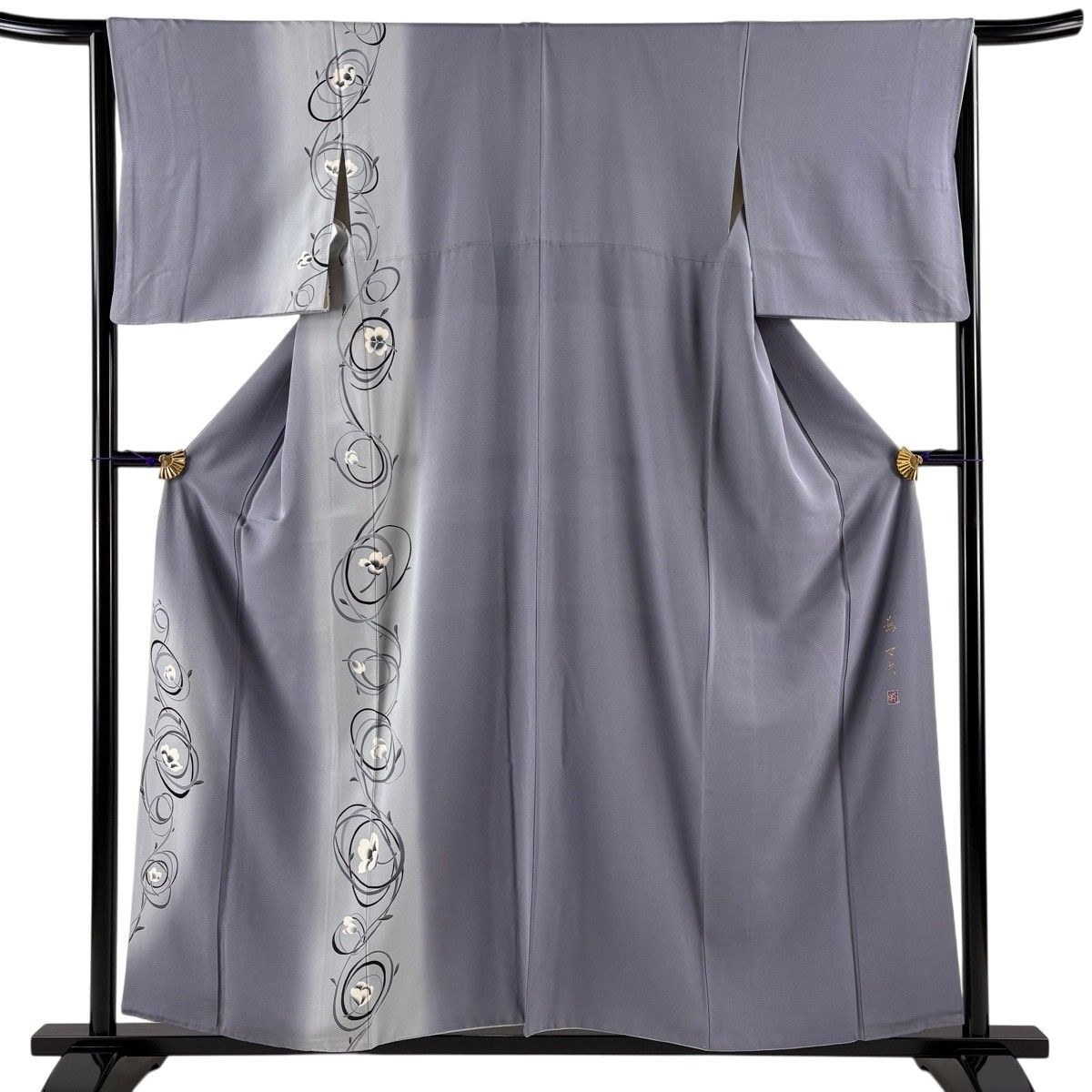 付下げ 身丈156cm 裄丈65cm M 袷 落款 草花 ぼかし 灰紫 正絹 名品 【中古】